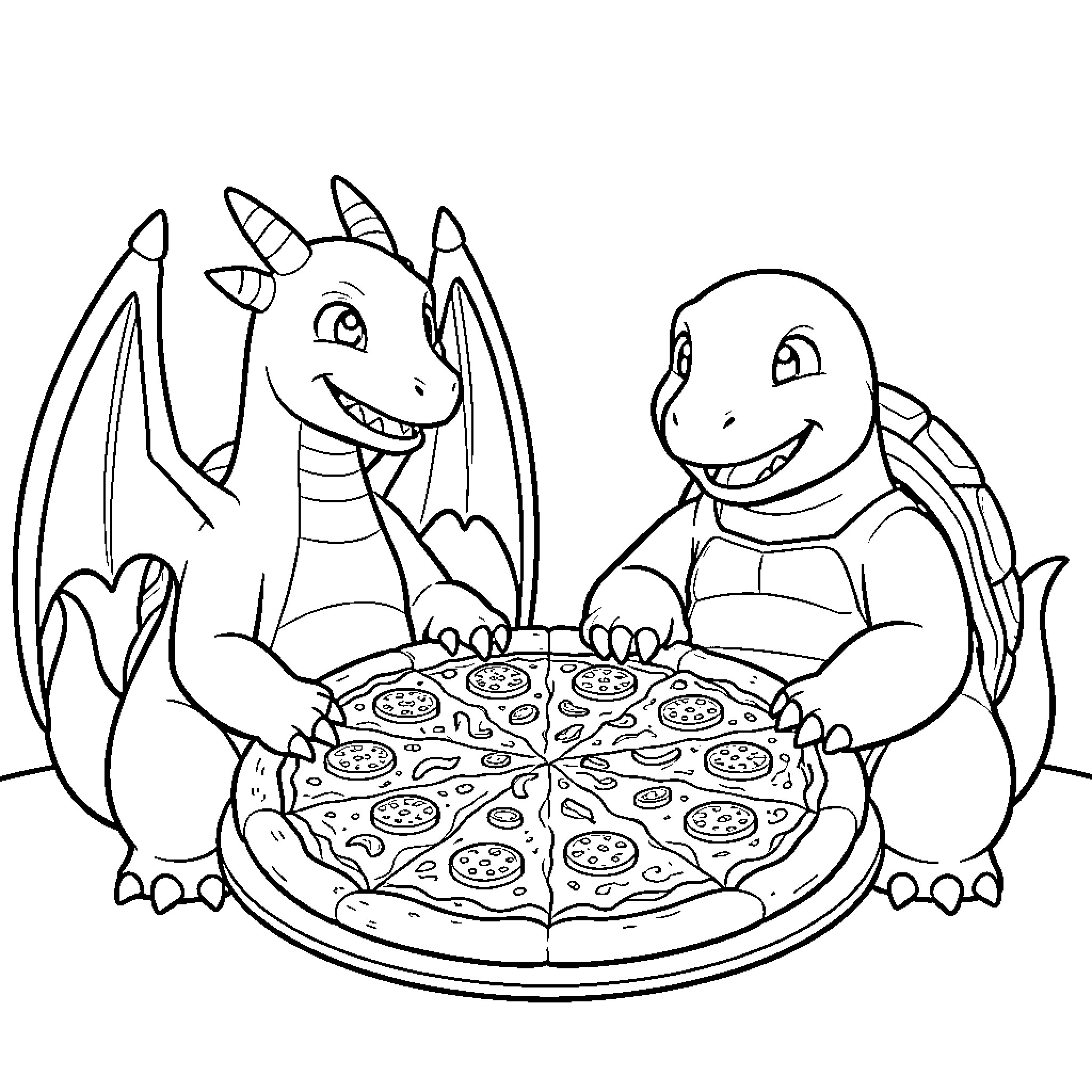 Charizard and Charmander enjoying a pizza together Coloring Page (free black-and-white line drawing printable PDF for all, from beginners to advanced learners, including children, teens, adults, and seniors)