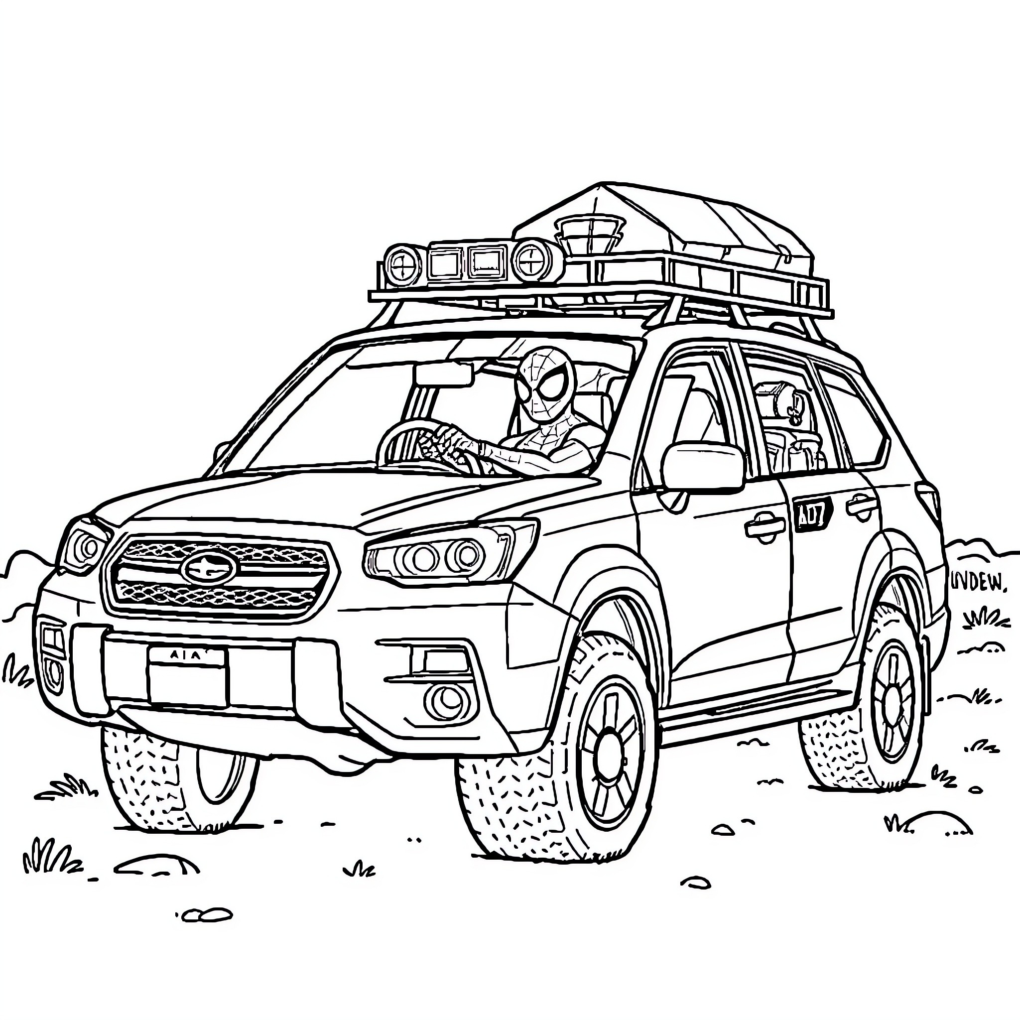Spiderman's off-road adventure in a rugged SUV Coloring Page (free black-and-white line drawing printable PDF for all, from beginners to advanced learners, including children, teens, adults, and seniors)