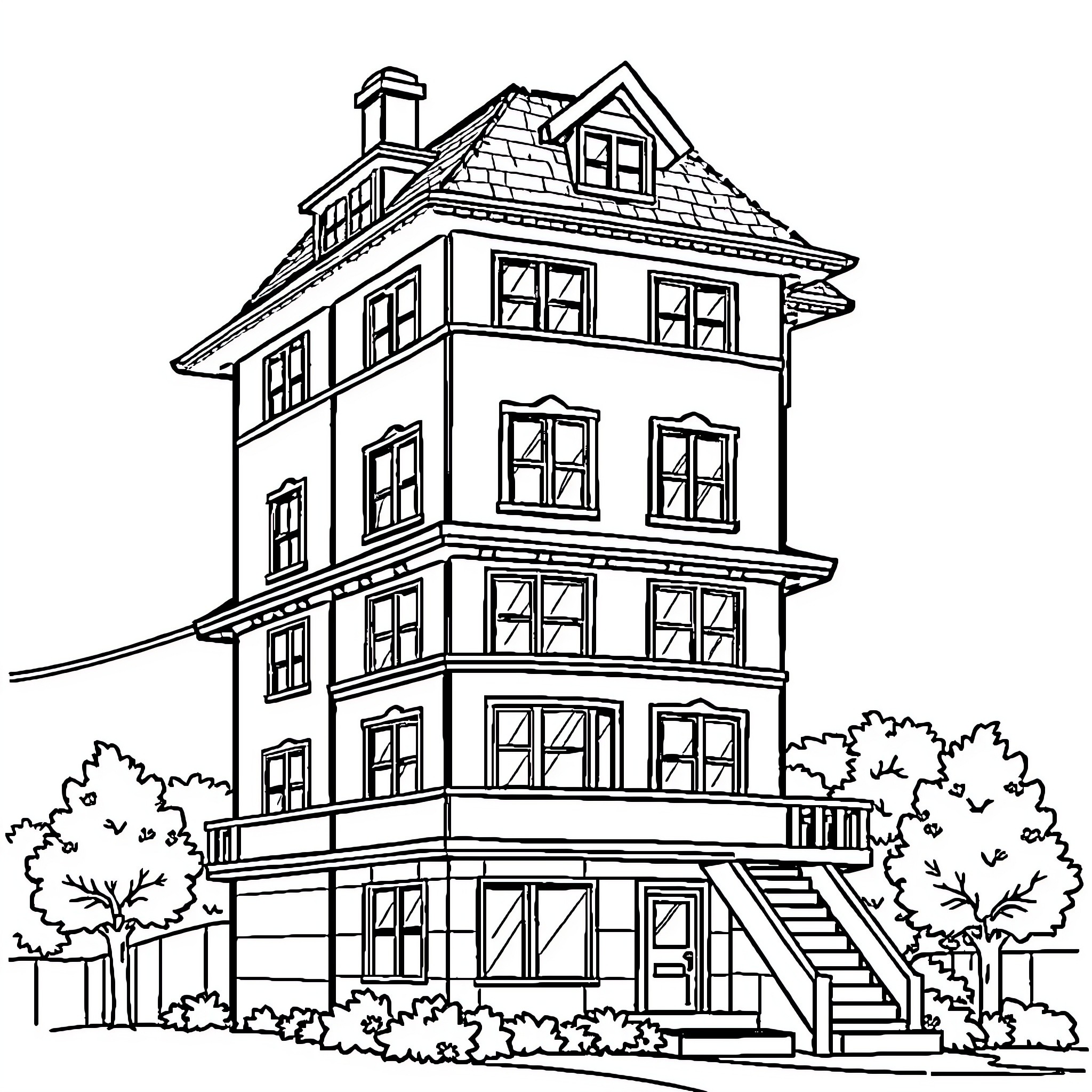 House with intricate architectural design Coloring Page (free black-and-white line drawing printable PDF for all, from beginners to advanced learners, including children, teens, adults, and seniors)