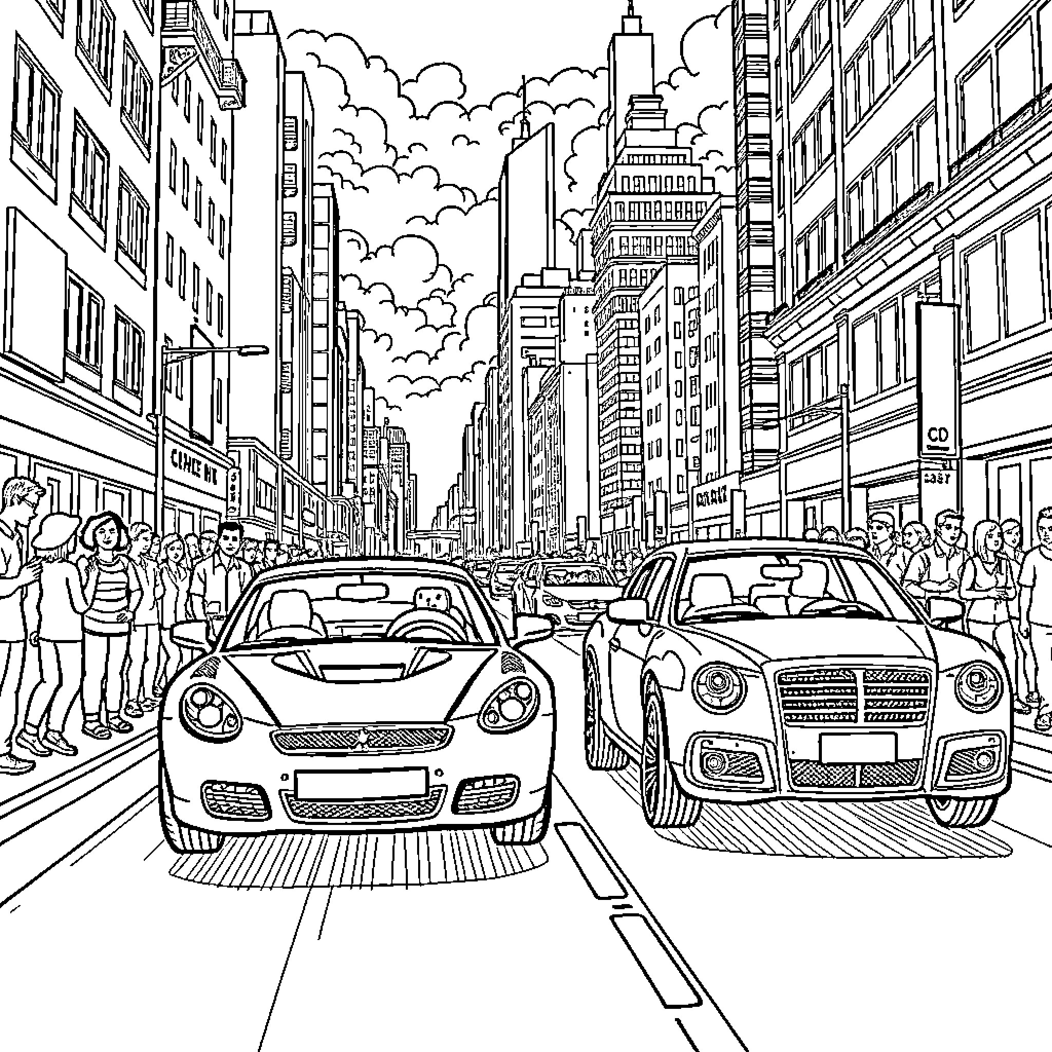 Cars speeding through busy city street Coloring Page (free black-and-white line drawing printable PDF for all, from beginners to advanced learners, including children, teens, adults, and seniors)
