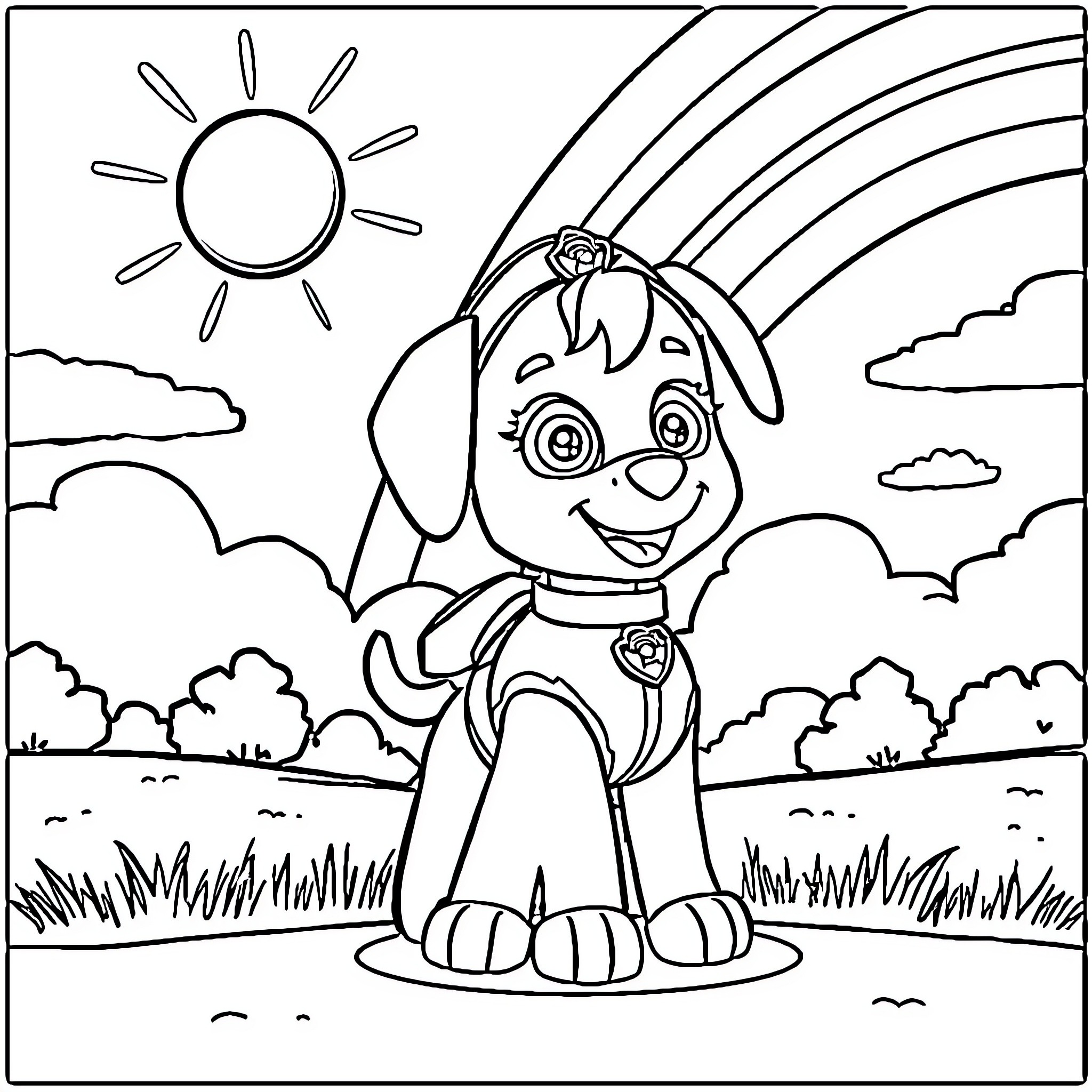 Stella the Cheerful Puppy in the Sunshine Coloring Page (free black-and-white line drawing printable PDF for all, from beginners to advanced learners, including children, teens, adults, and seniors)