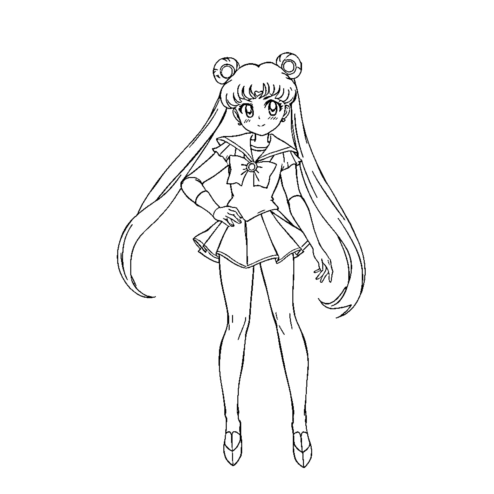 Sailor Moon character in iconic costume Coloring Page (free black-and-white line drawing printable PDF for all, from beginners to advanced learners, including children, teens, adults, and seniors)