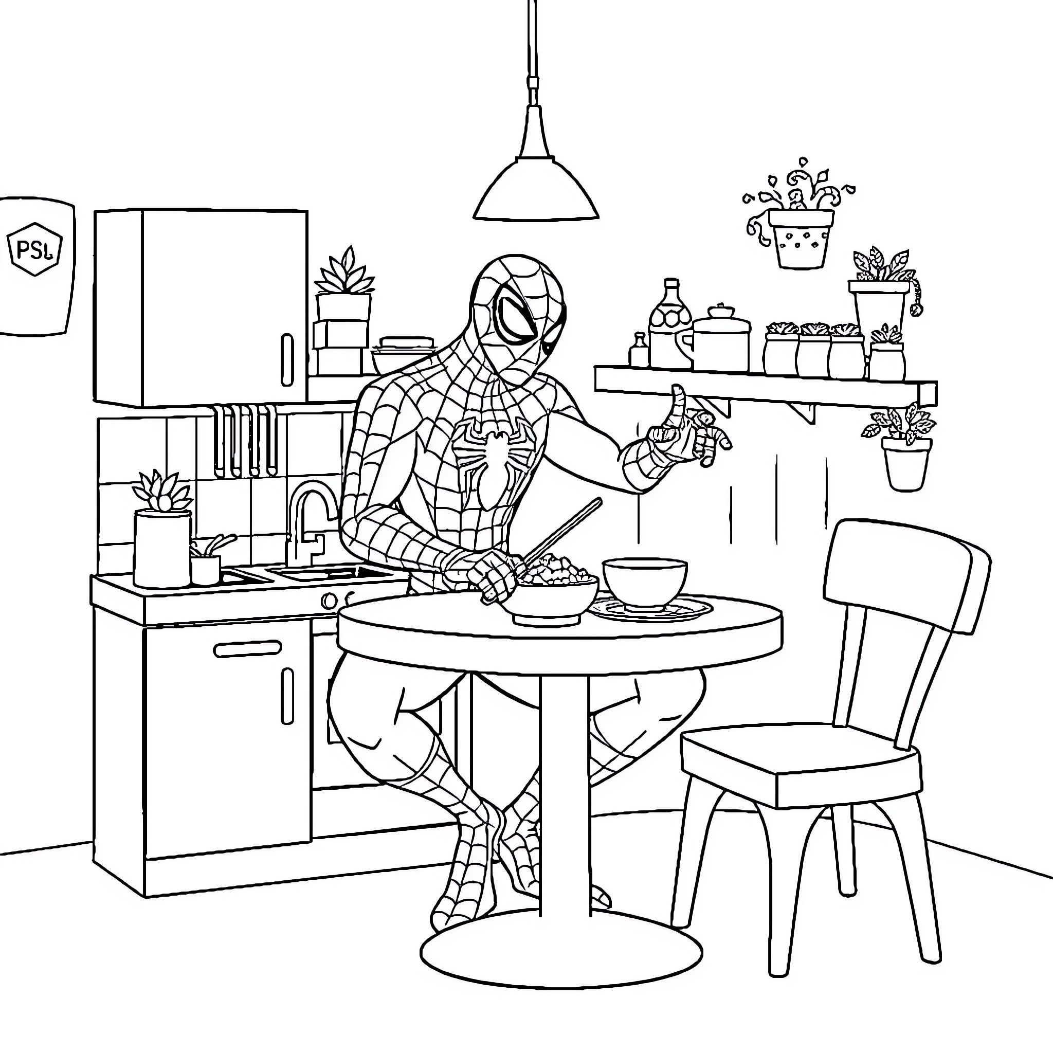 Spiderman cooking in a cozy kitchen Coloring Page (free black-and-white line drawing printable PDF for all, from beginners to advanced learners, including children, teens, adults, and seniors)