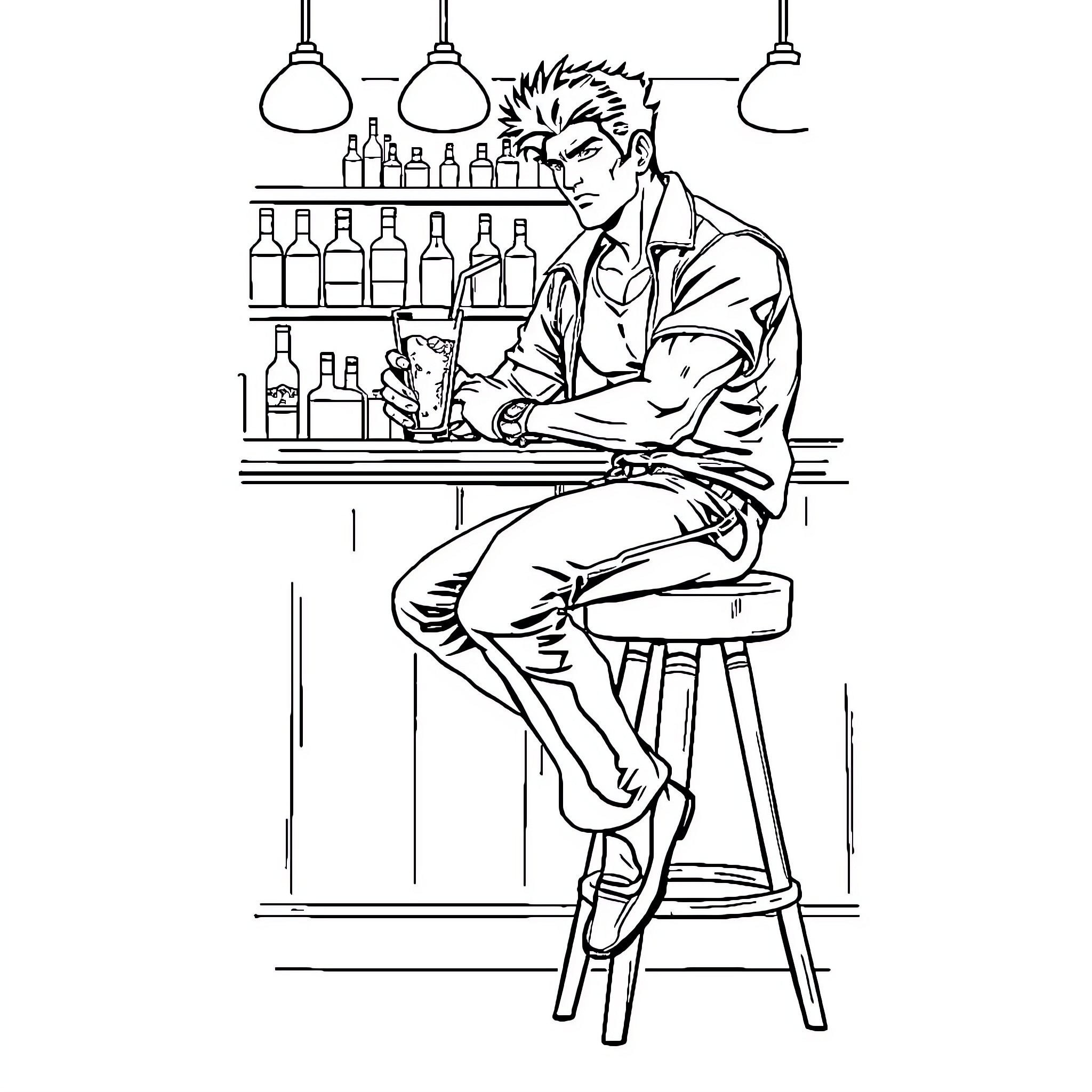 Kenshiro mixing drinks at the bar Coloring Page (free black-and-white line drawing printable PDF for all, from beginners to advanced learners, including children, teens, adults, and seniors)