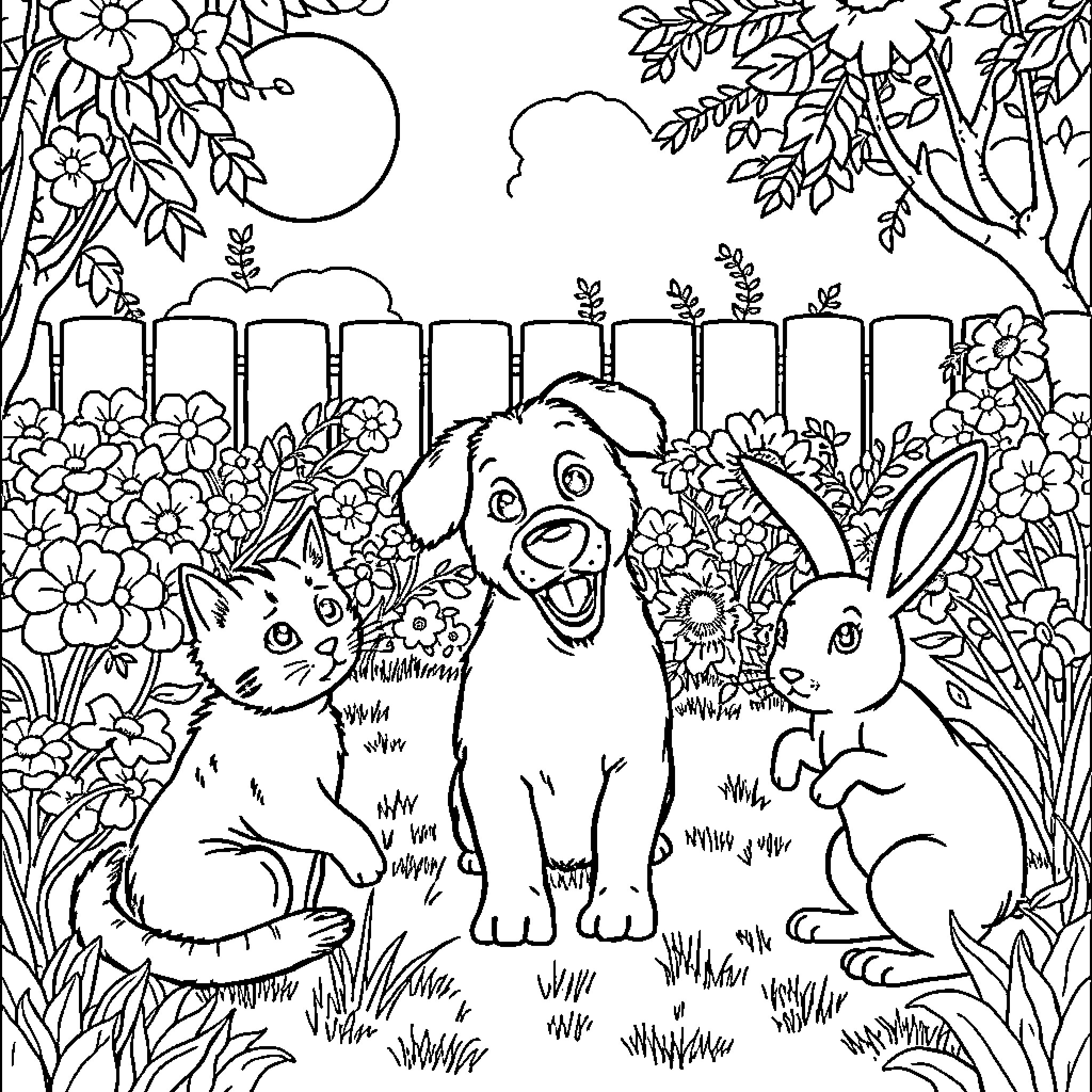 Cat, Dog, and Rabbit in a Floral Garden Coloring Page (free black-and-white line drawing printable PDF for all, from beginners to advanced learners, including children, teens, adults, and seniors)