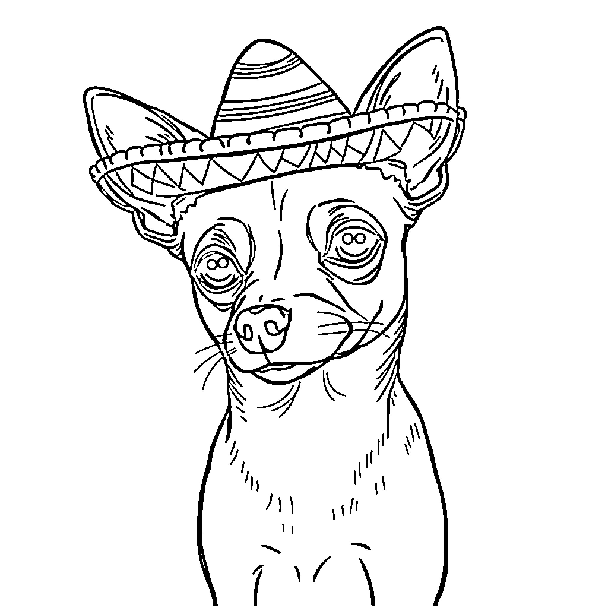 Chihuahua wearing a sombrero hat Coloring Page (free black-and-white line drawing printable PDF for all, from beginners to advanced learners, including children, teens, adults, and seniors)