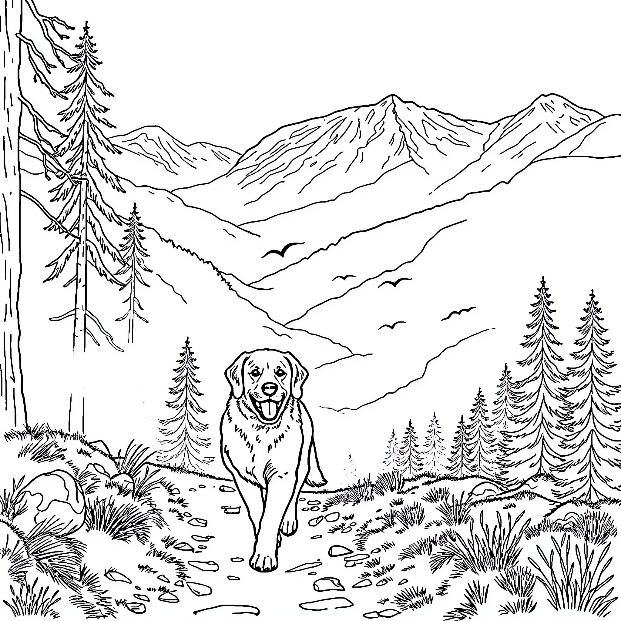 Golden Retriever Hiking in the Mountains Coloring Page (free black-and-white line drawing printable PDF for all, from beginners to advanced learners, including children, teens, adults, and seniors)