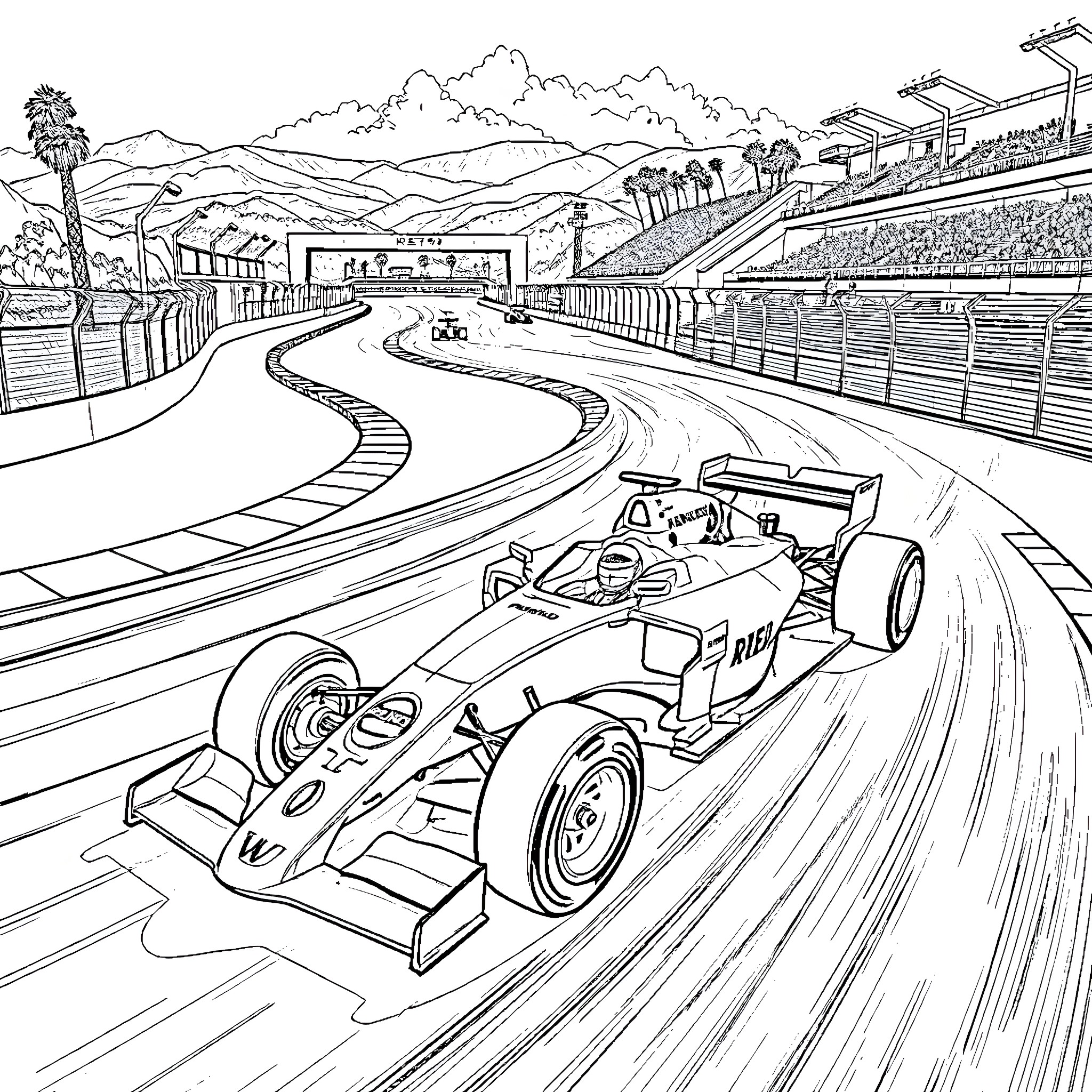 Formula 1 Car Racing on the Track Coloring Page (free black-and-white line drawing printable PDF for all, from beginners to advanced learners, including children, teens, adults, and seniors)