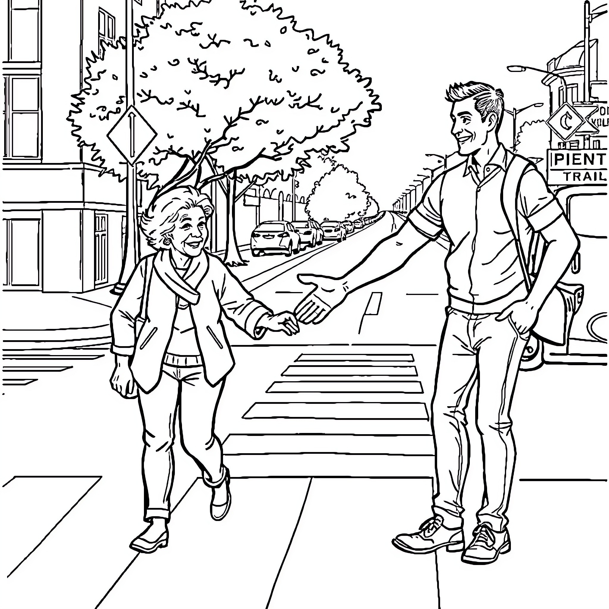 Man and woman crossing the street together Coloring Page (free black-and-white line drawing printable PDF for all, from beginners to advanced learners, including children, teens, adults, and seniors)