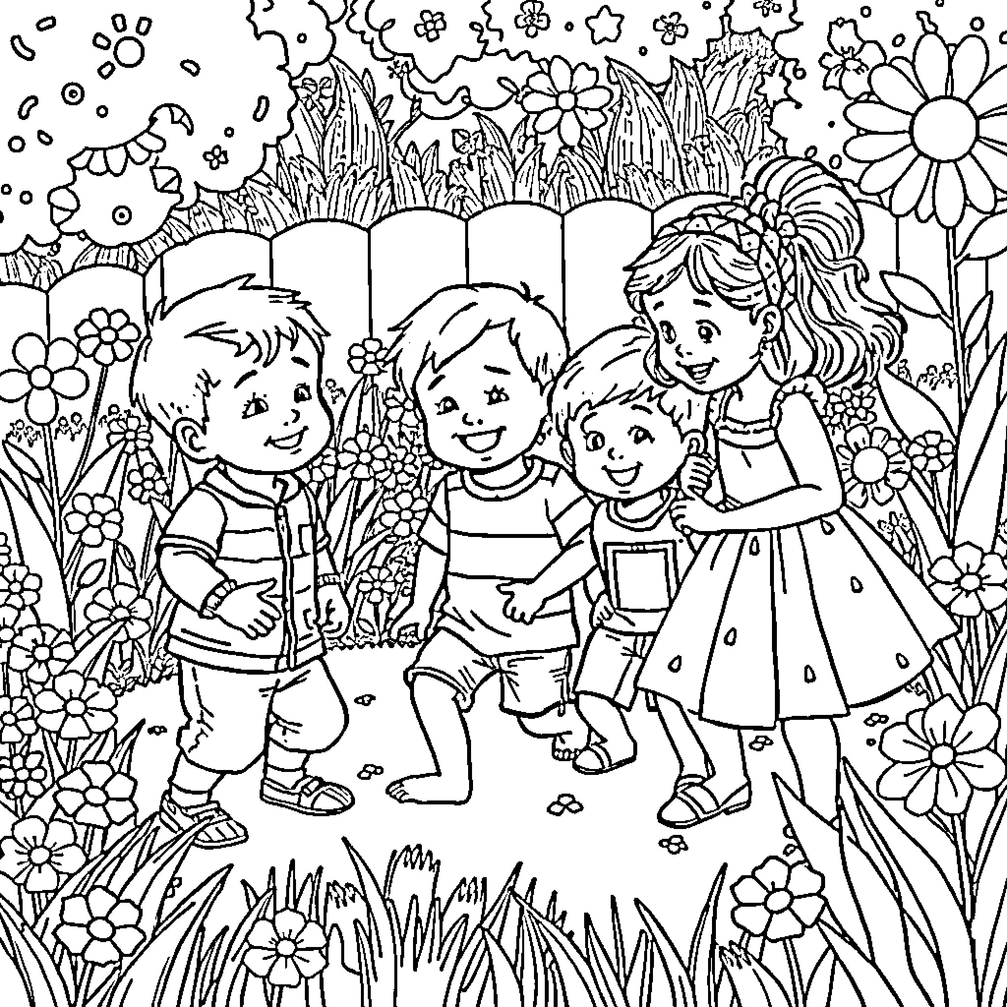 Children playing happily in a floral garden Coloring Page (free black-and-white line drawing printable PDF for all, from beginners to advanced learners, including children, teens, adults, and seniors)