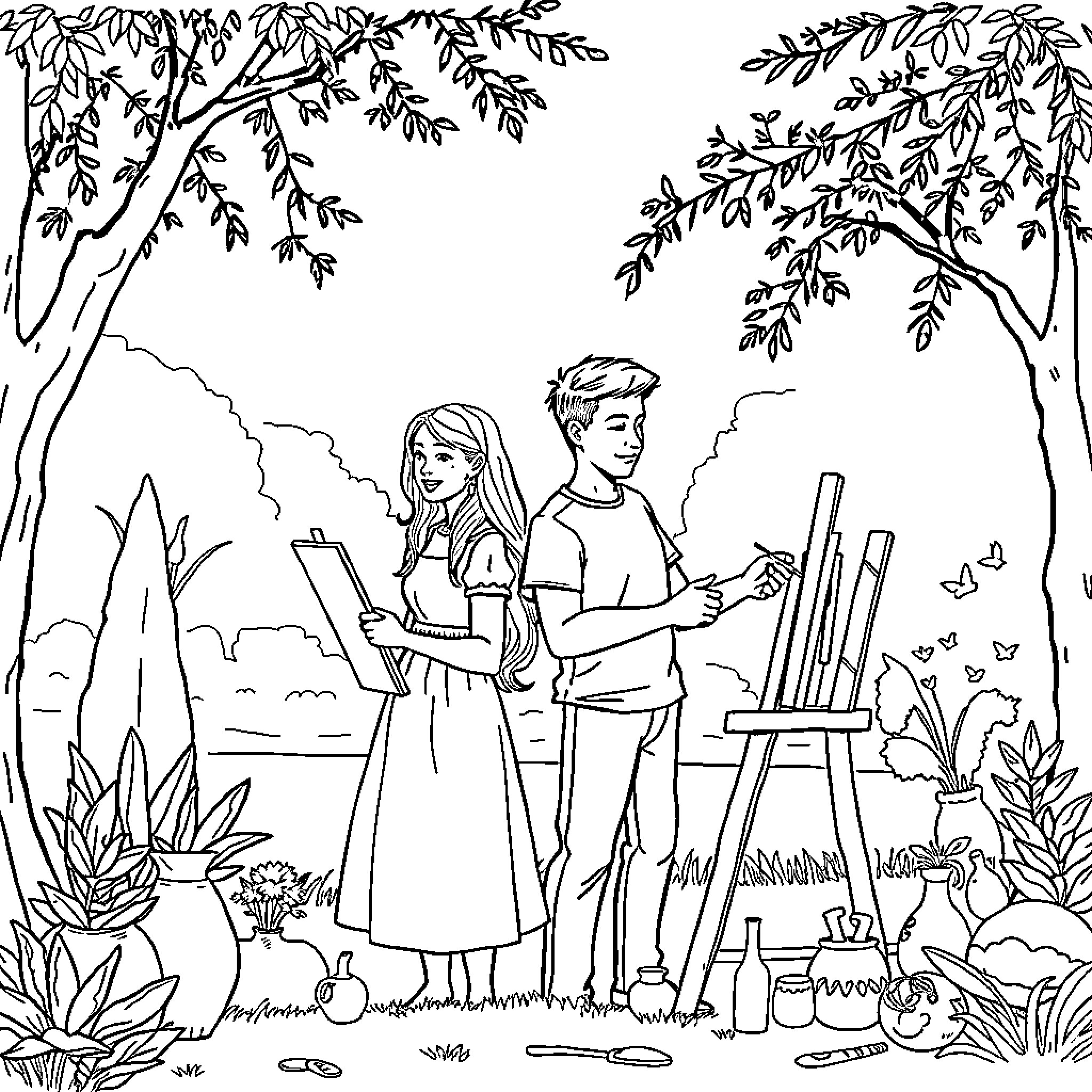 Couple painting outdoors in nature Coloring Page (free black-and-white line drawing printable PDF for all, from beginners to advanced learners, including children, teens, adults, and seniors)