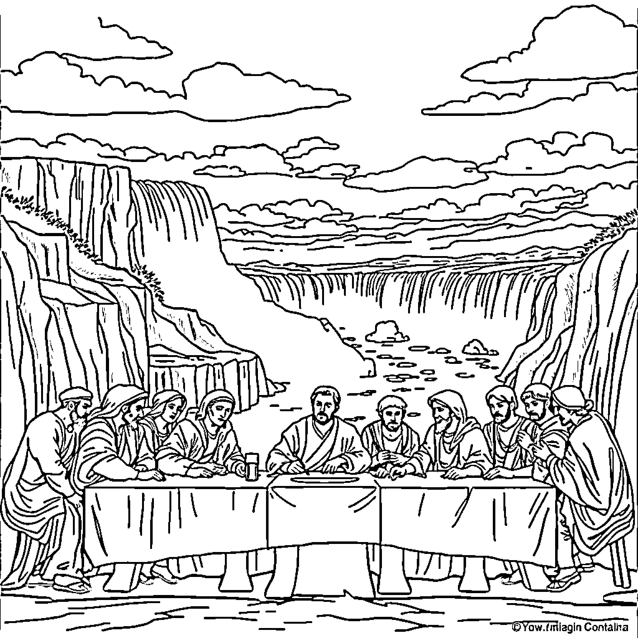 Last Supper in a Majestic Landscape Coloring Page (free black-and-white line drawing printable PDF for all, from beginners to advanced learners, including children, teens, adults, and seniors)