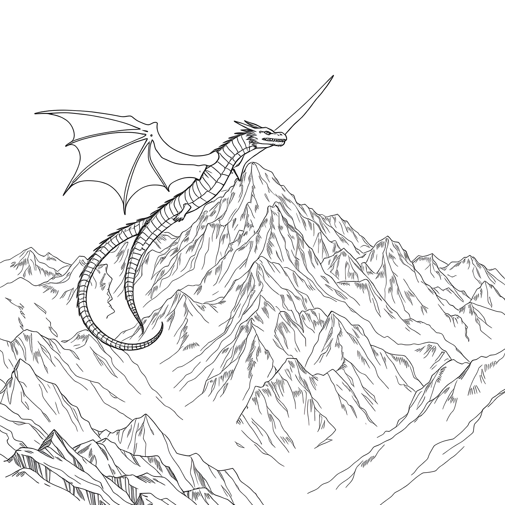 Dragon soaring over majestic mountain peaks Coloring Page (free black-and-white line drawing printable PDF for all, from beginners to advanced learners, including children, teens, adults, and seniors)
