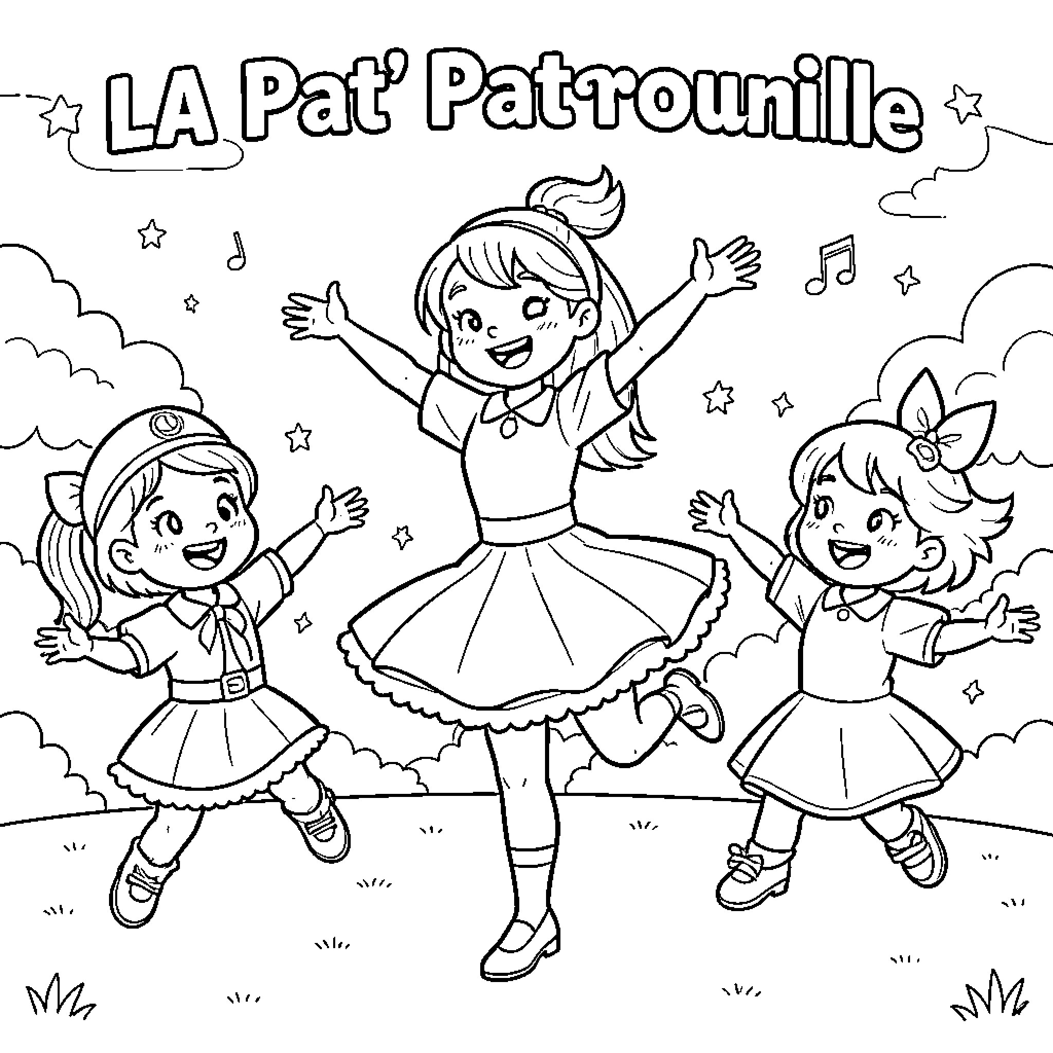 Pat Patrouille girls dancing joyfully under the stars Coloring Page (free black-and-white line drawing printable PDF for all, from beginners to advanced learners, including children, teens, adults, and seniors)