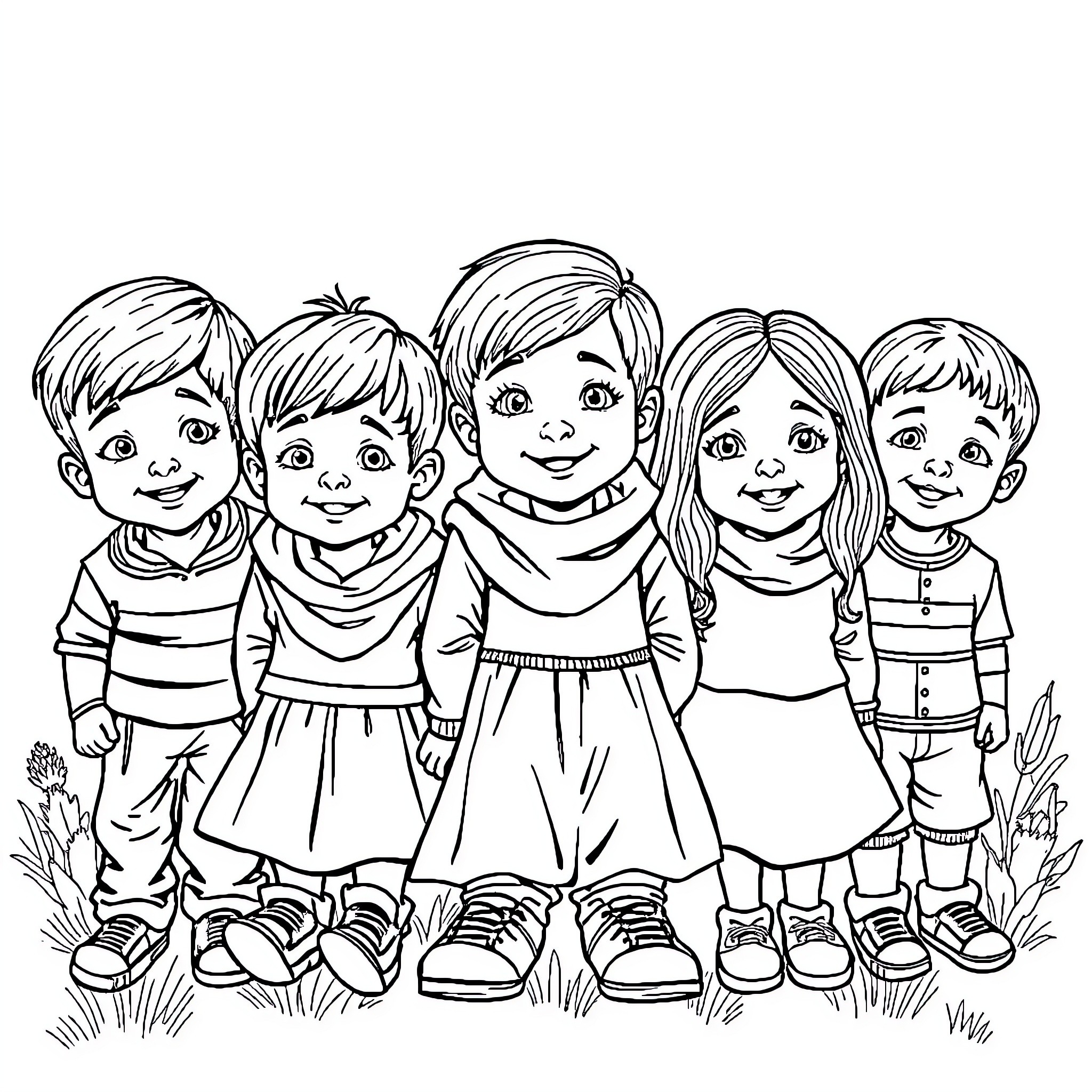 Kids playing happily in the outdoors Coloring Page (free black-and-white line drawing printable PDF for all, from beginners to advanced learners, including children, teens, adults, and seniors)