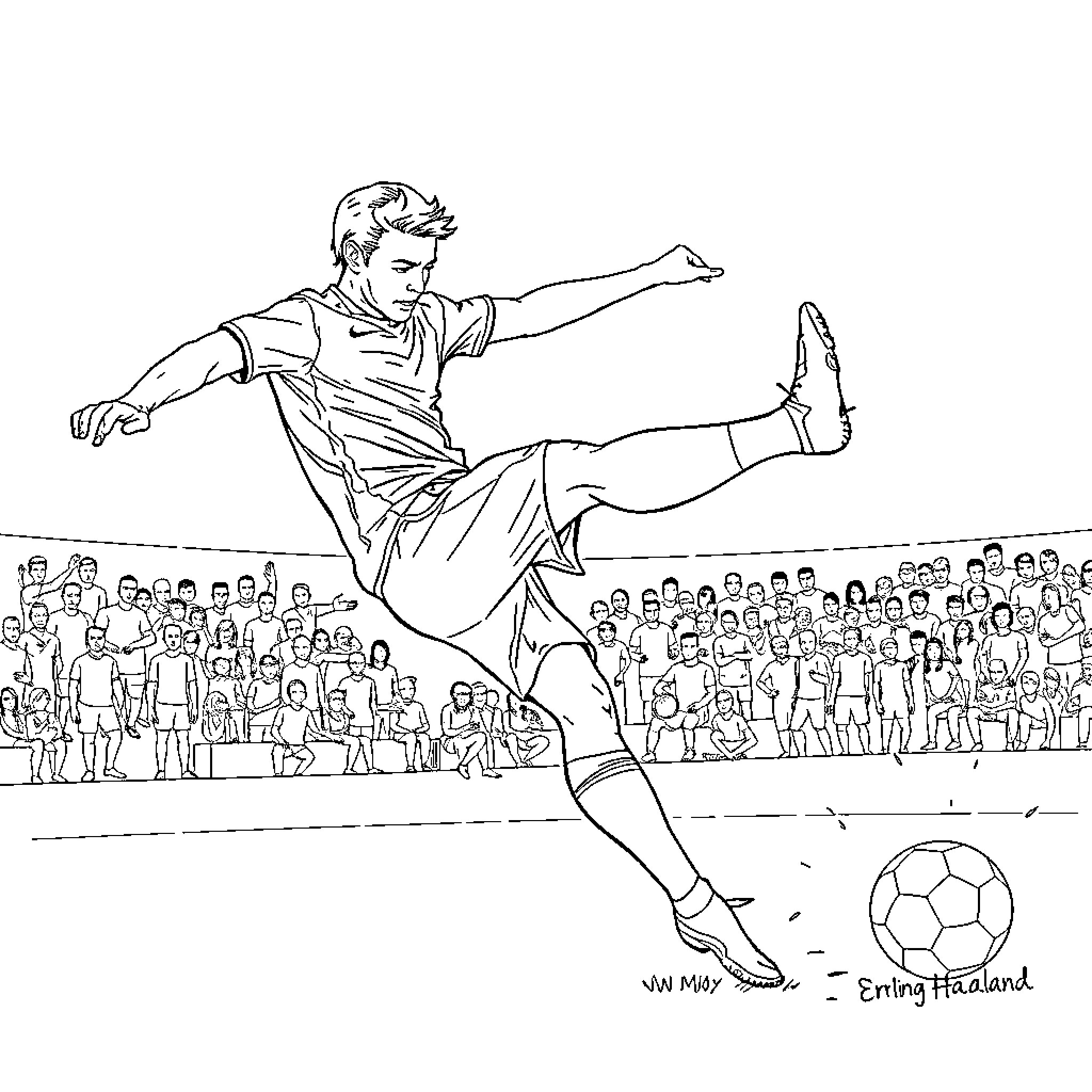 Haaland scores goal in front of cheering crowd Coloring Page (free black-and-white line drawing printable PDF for all, from beginners to advanced learners, including children, teens, adults, and seniors)