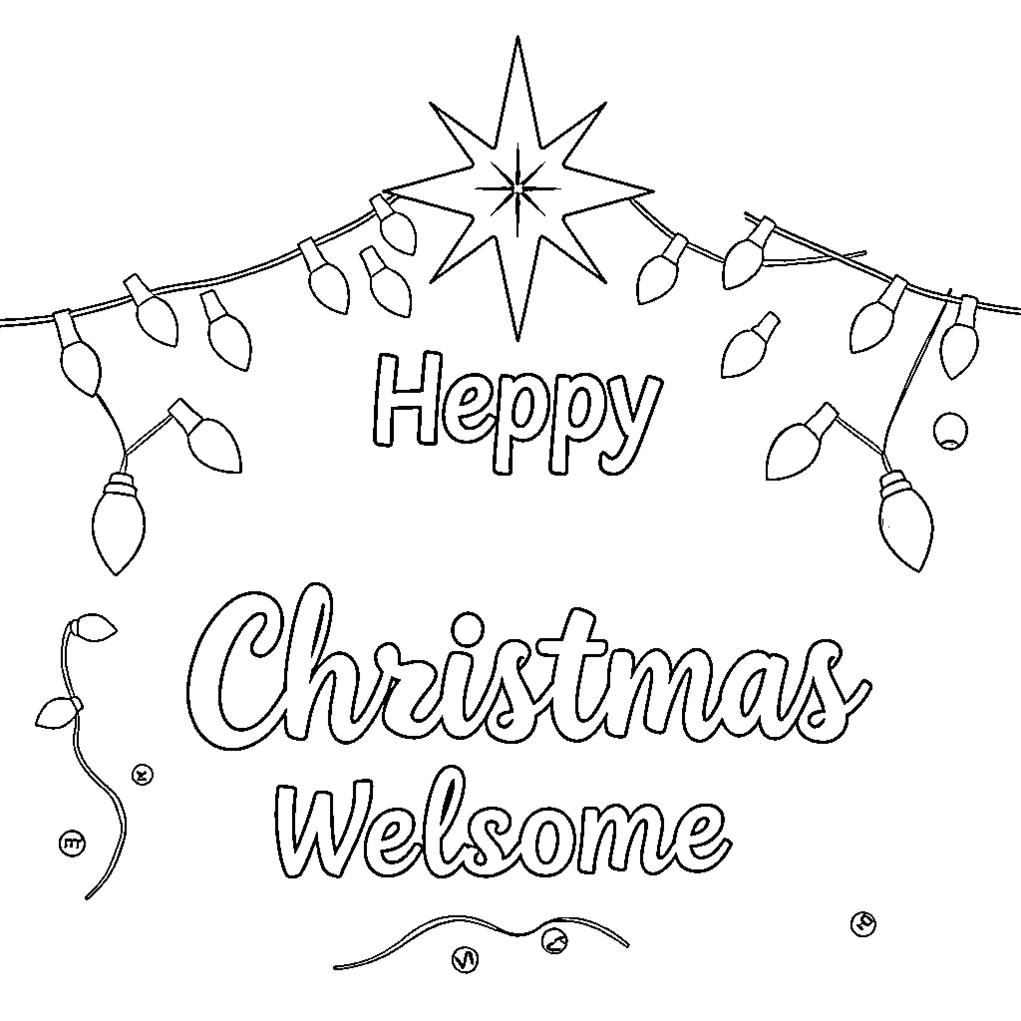 Christmas Decorations and Welcoming Message Coloring Page (free black-and-white line drawing printable PDF for all, from beginners to advanced learners, including children, teens, adults, and seniors)
