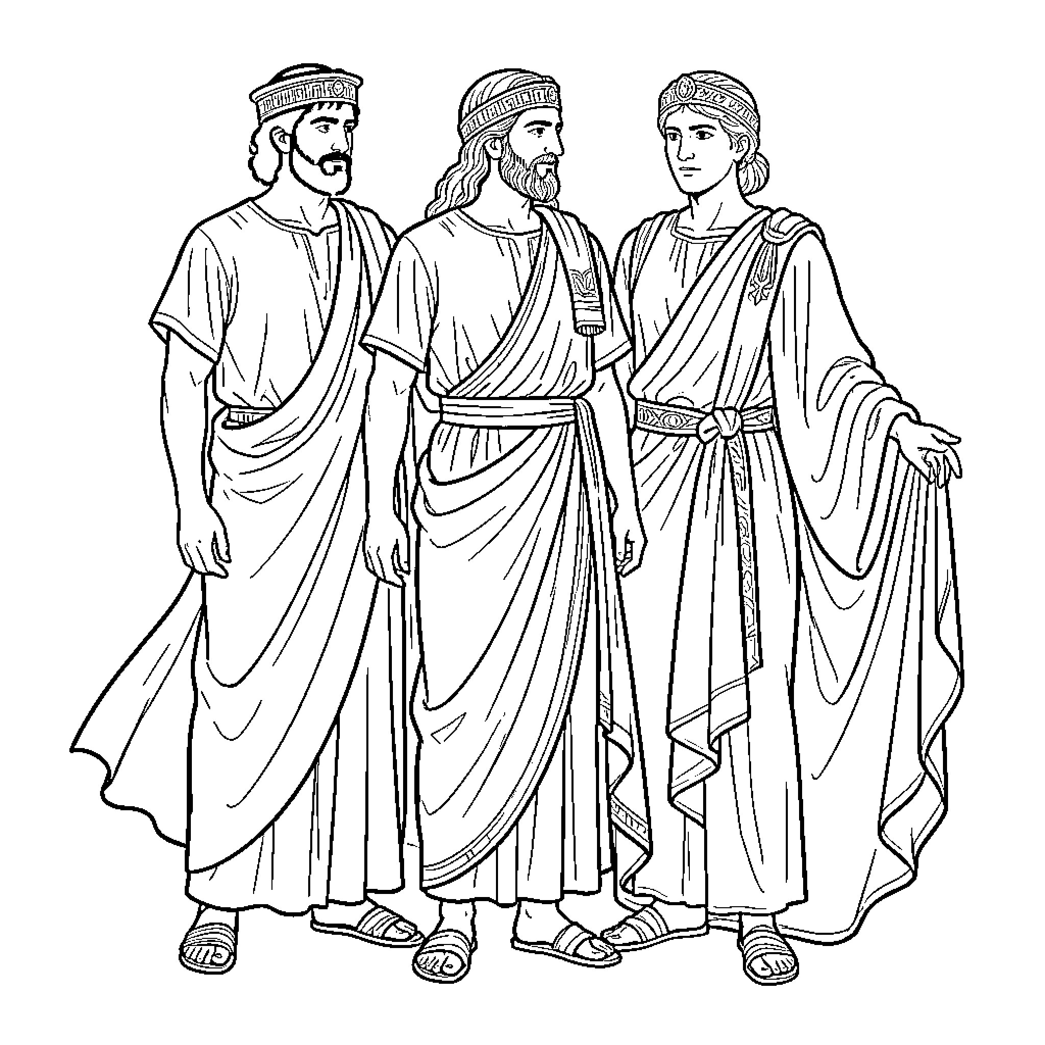 Greek Clothing Depicting Ancient Figures in Traditional Attire Coloring Page (free black-and-white line drawing printable PDF for all, from beginners to advanced learners, including children, teens, adults, and seniors)