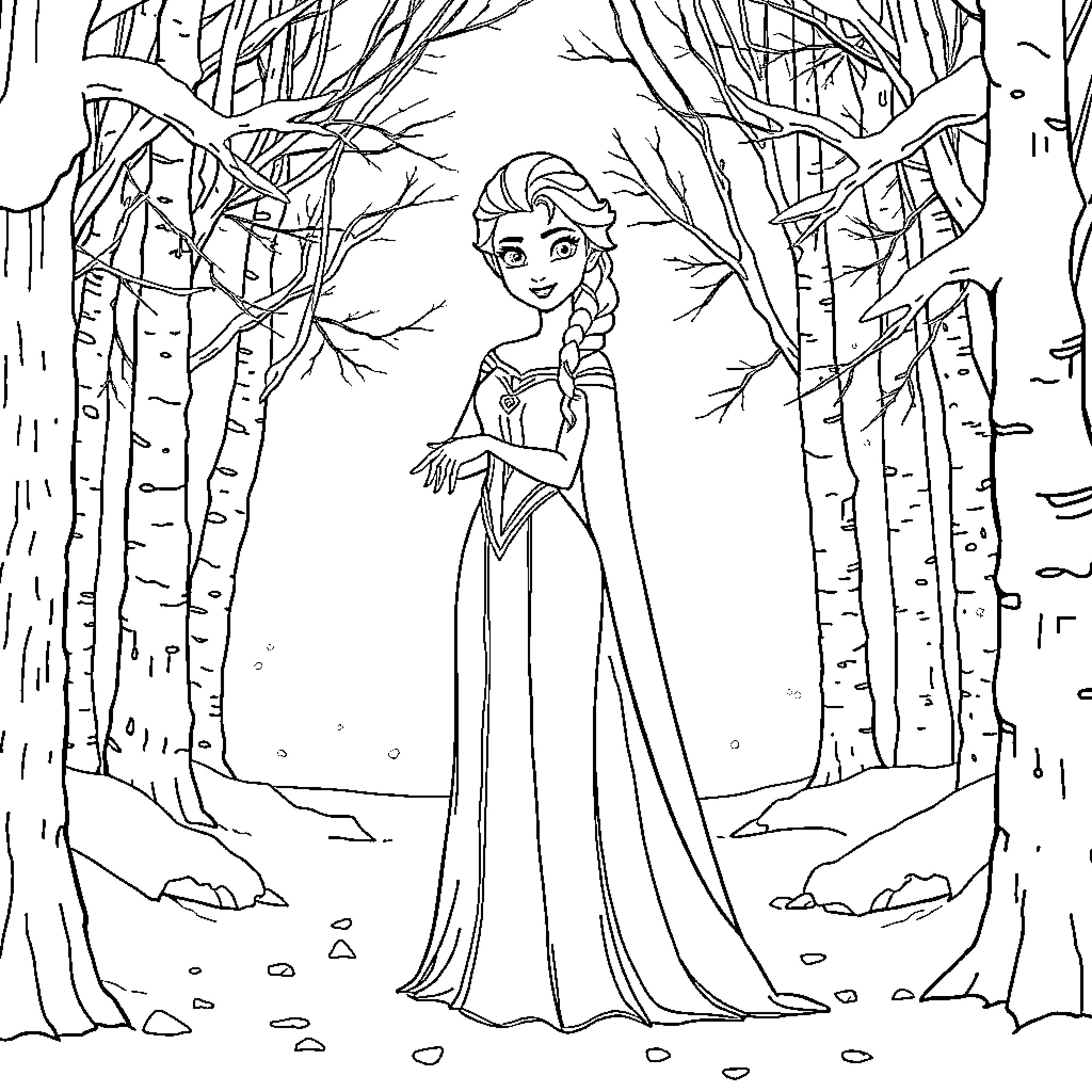 Elsa's Enchanting Winter Wonderland Coloring Page (free black-and-white line drawing printable PDF for all, from beginners to advanced learners, including children, teens, adults, and seniors)