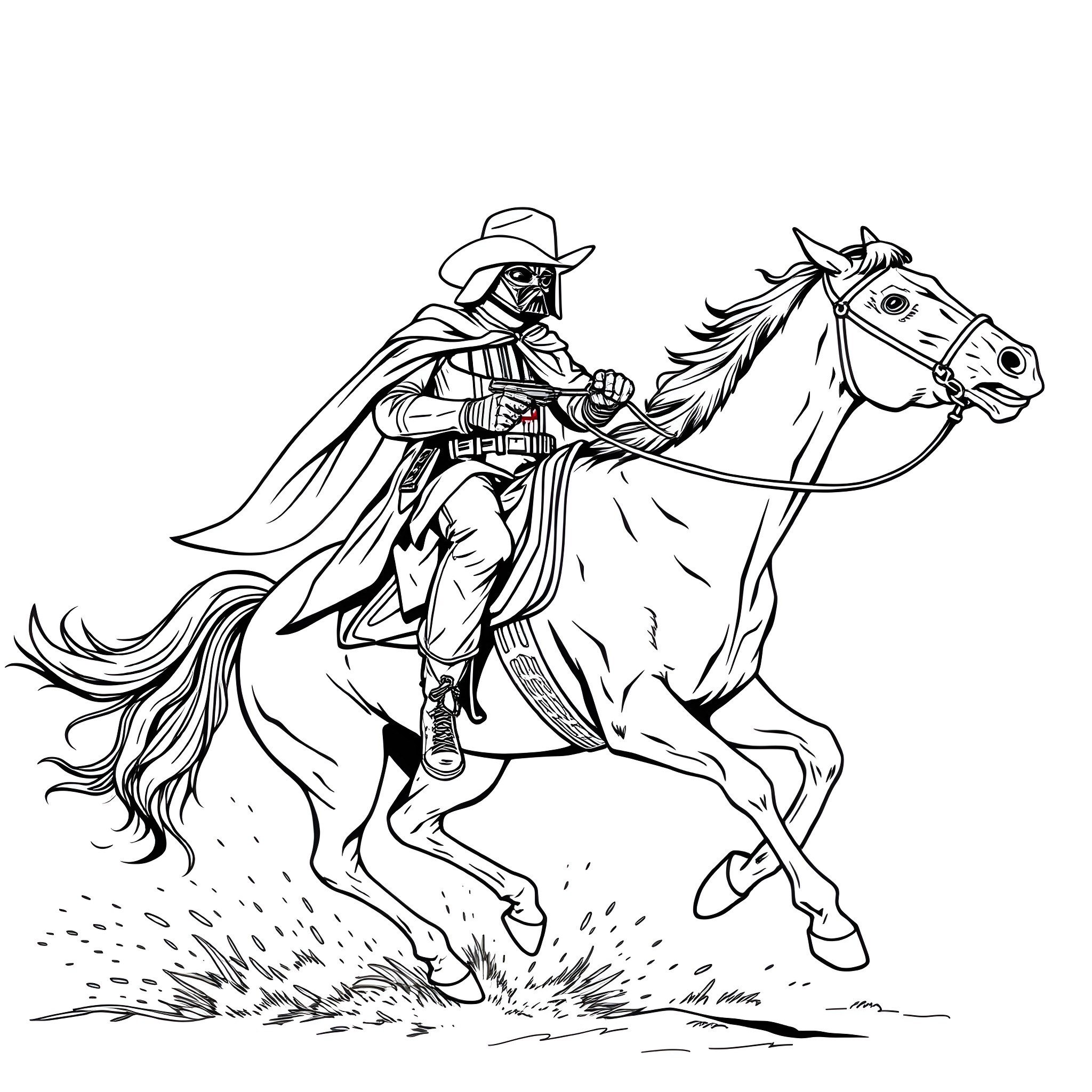 Darth Vader riding a horse through the desert Coloring Page (free black-and-white line drawing printable PDF for all, from beginners to advanced learners, including children, teens, adults, and seniors)