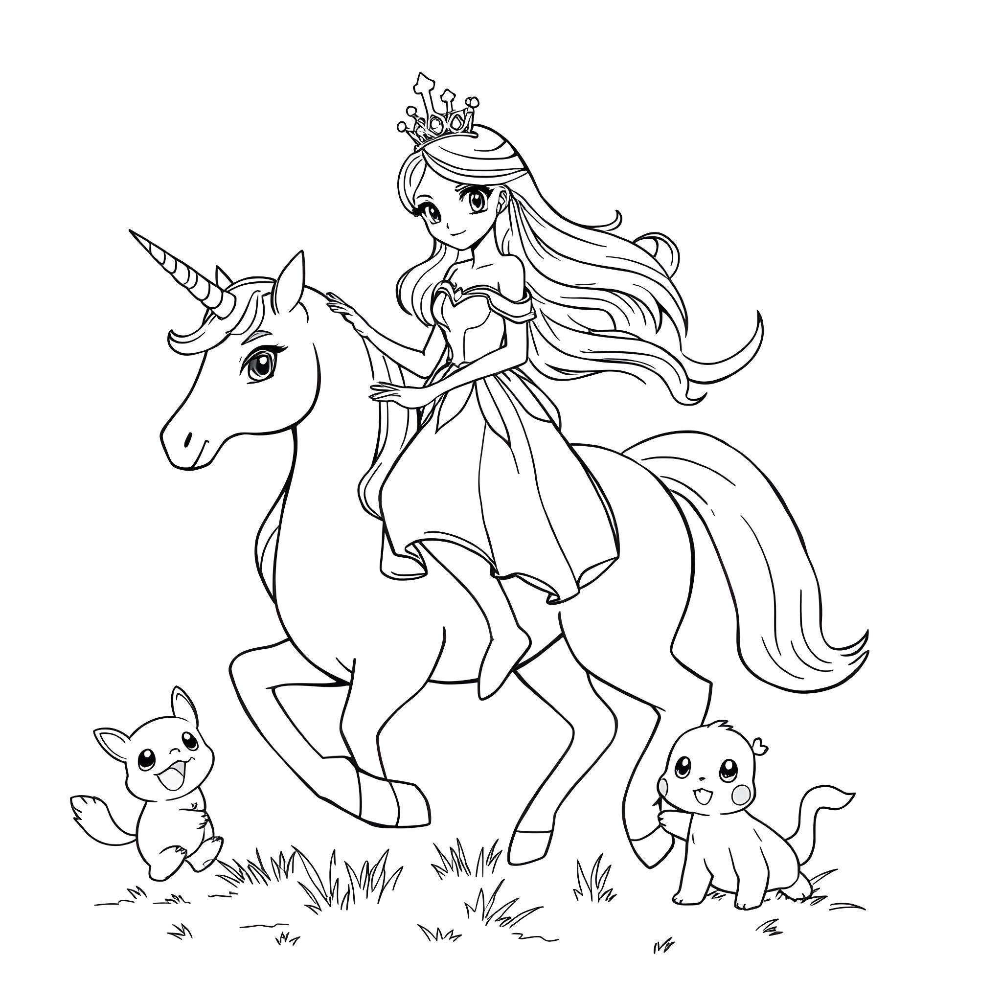 Unicorn Princess Riding Majestic Unicorn with Cute Companions Coloring Page (free black-and-white line drawing printable PDF for all, from beginners to advanced learners, including children, teens, adults, and seniors)