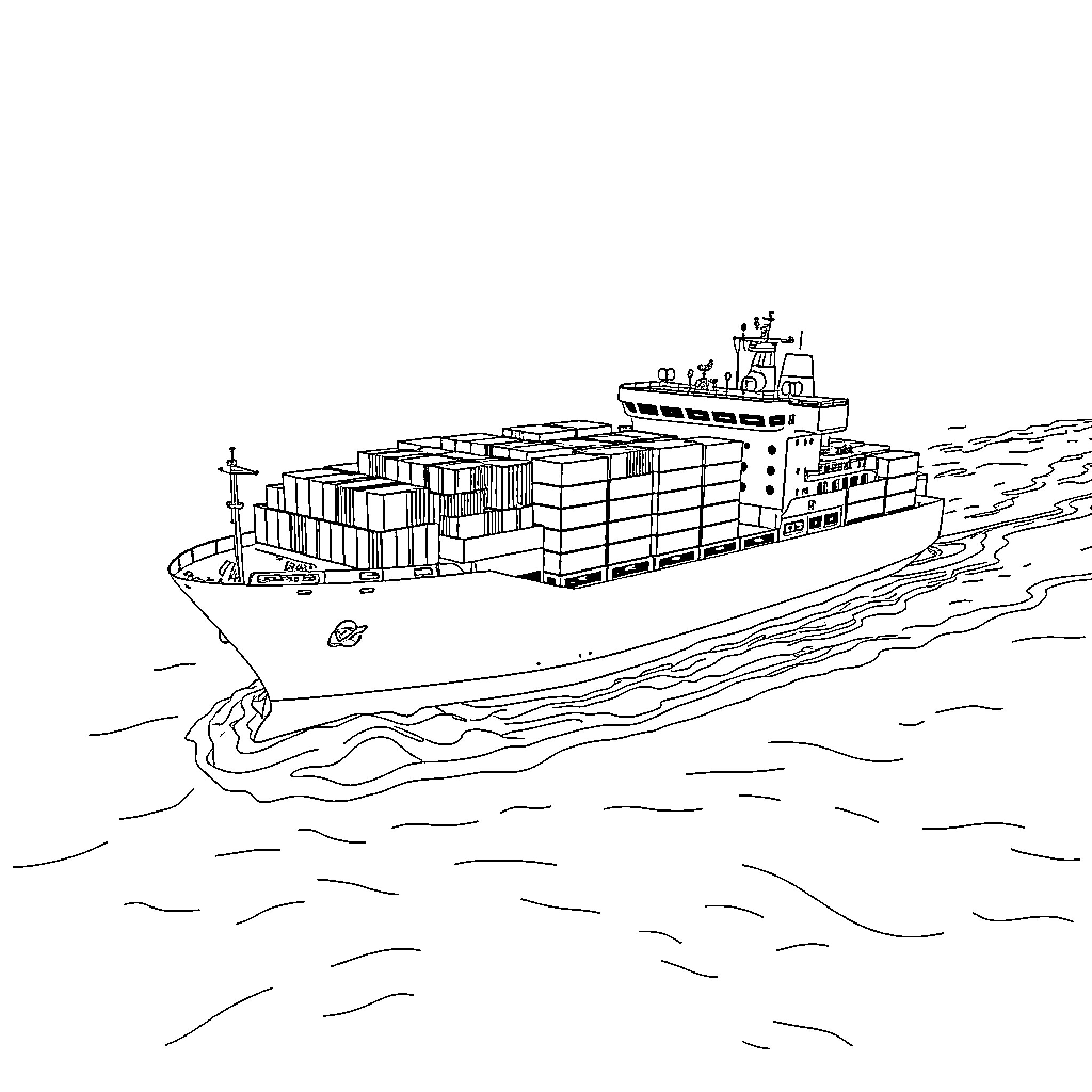 Ship transporting cargo across the open waters Coloring Page (free black-and-white line drawing printable PDF for all, from beginners to advanced learners, including children, teens, adults, and seniors)