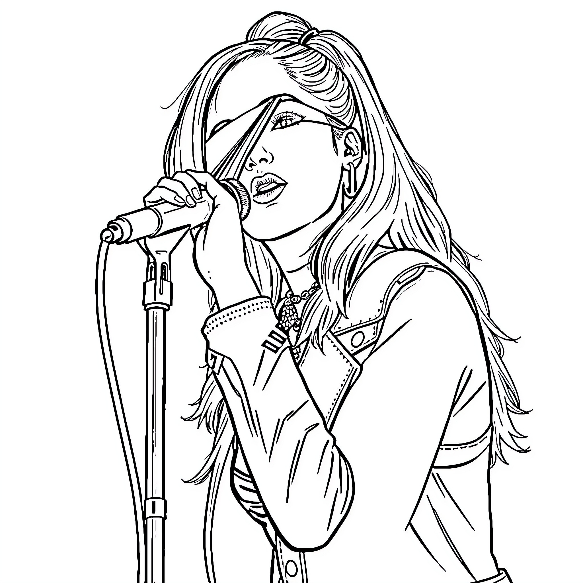 Ariana Grande performing on stage with microphone Coloring Page (free black-and-white line drawing printable PDF for all, from beginners to advanced learners, including children, teens, adults, and seniors)