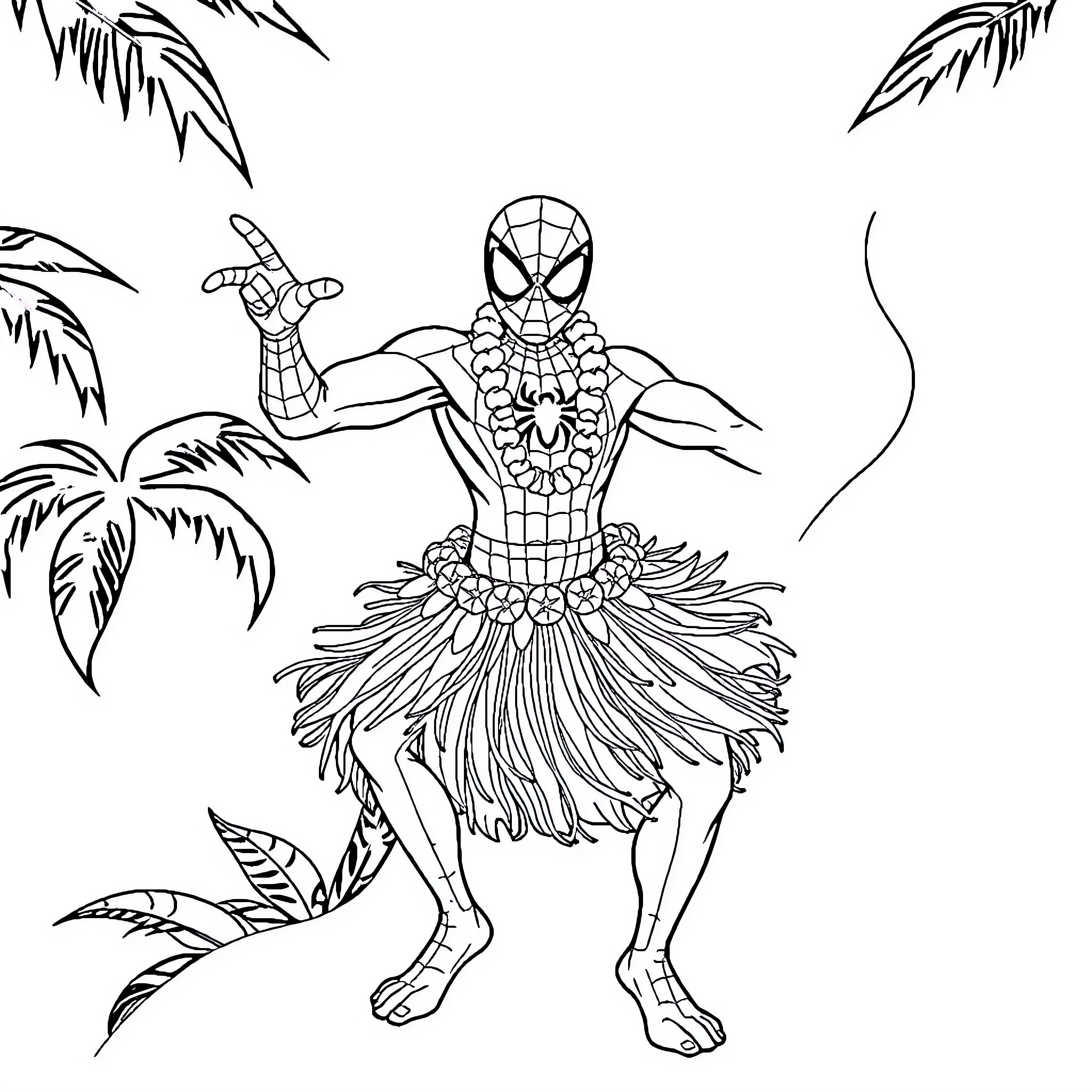 Spiderman in tropical Hawaiian costume Coloring Page (free black-and-white line drawing printable PDF for all, from beginners to advanced learners, including children, teens, adults, and seniors)