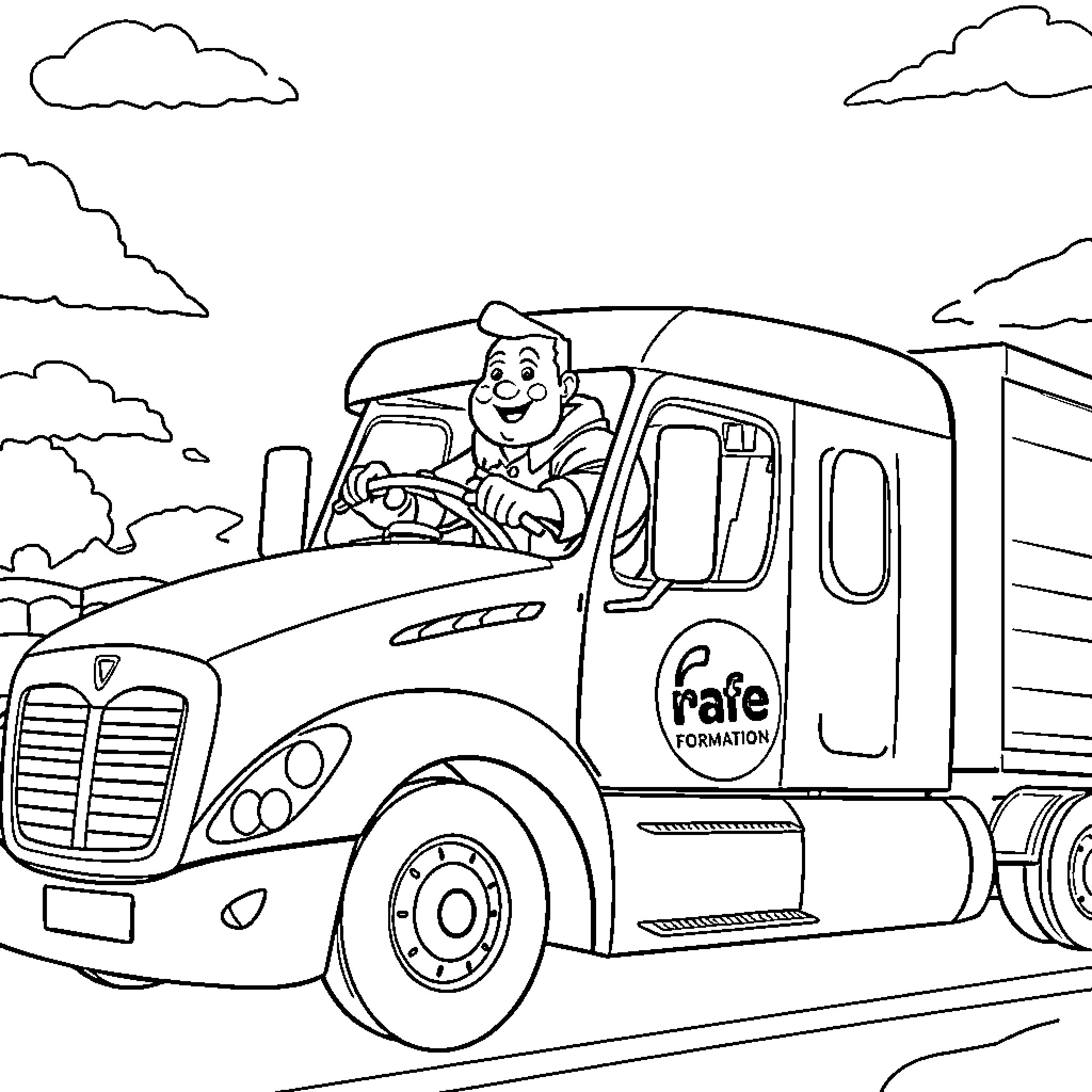Papa drives a safe delivery truck Coloring Page (free black-and-white line drawing printable PDF for all, from beginners to advanced learners, including children, teens, adults, and seniors)
