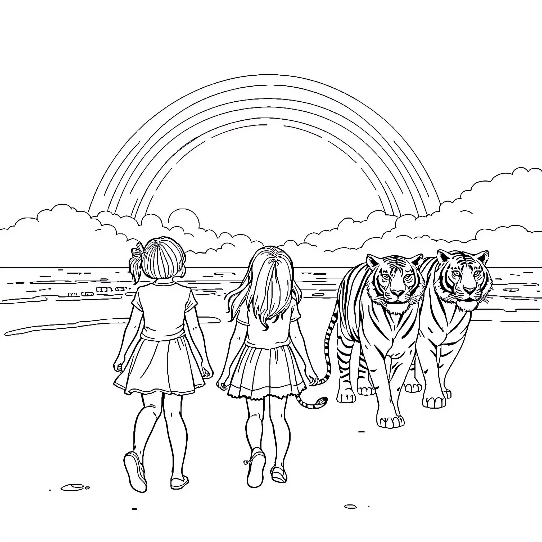 Girls exploring the magical rainbow landscape Coloring Page (free black-and-white line drawing printable PDF for all, from beginners to advanced learners, including children, teens, adults, and seniors)
