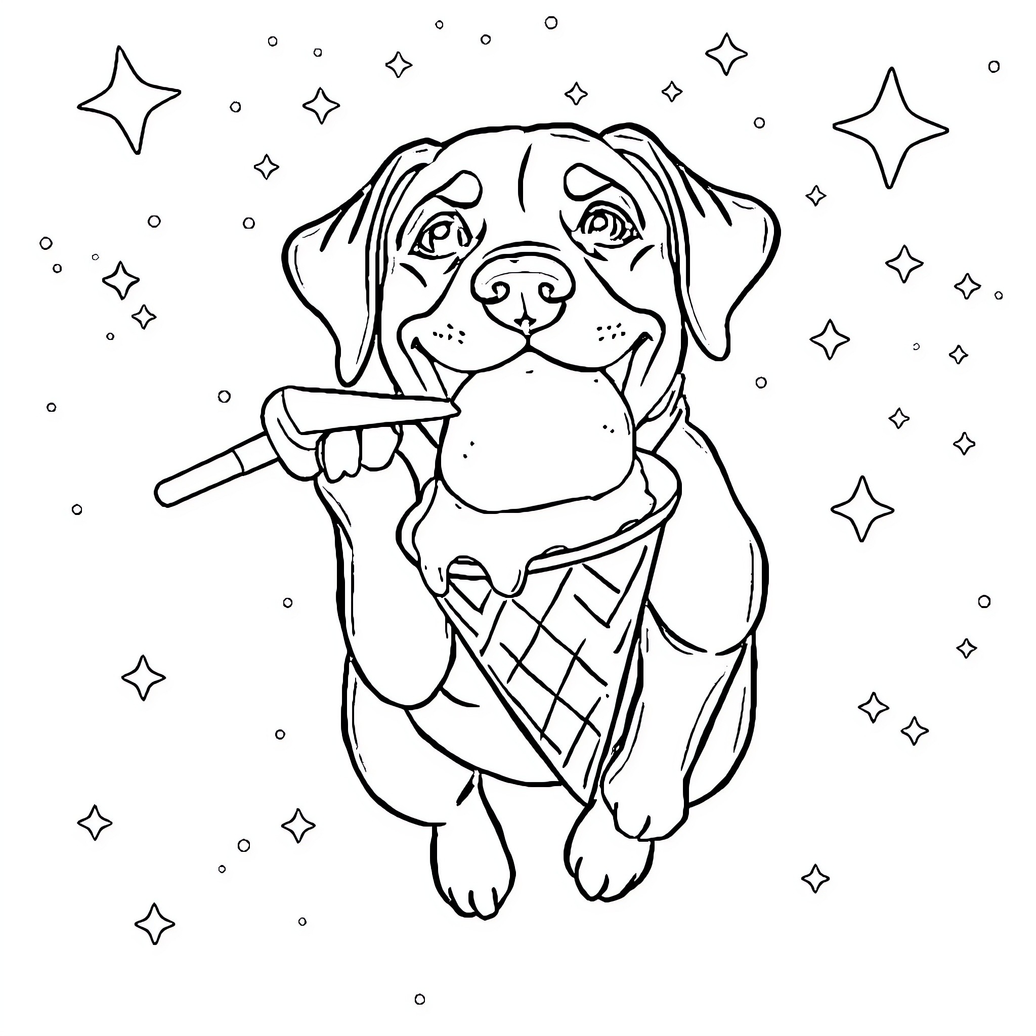 Labrador enjoying an ice cream cone amidst twinkling stars Coloring Page (free black-and-white line drawing printable PDF for all, from beginners to advanced learners, including children, teens, adults, and seniors)