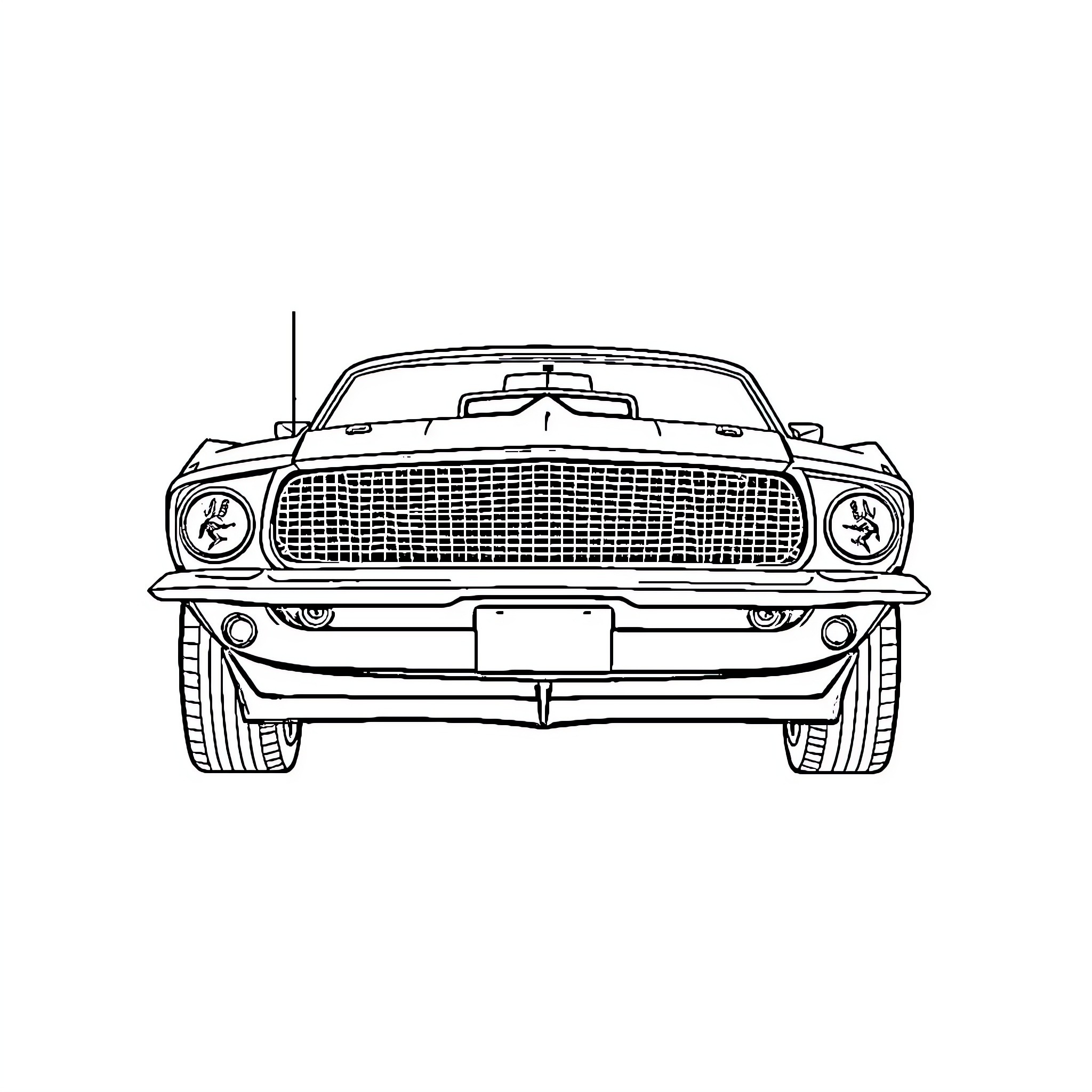 Ford Mustang classic car front view line art Coloring Page (free black-and-white line drawing printable PDF for all, from beginners to advanced learners, including children, teens, adults, and seniors)