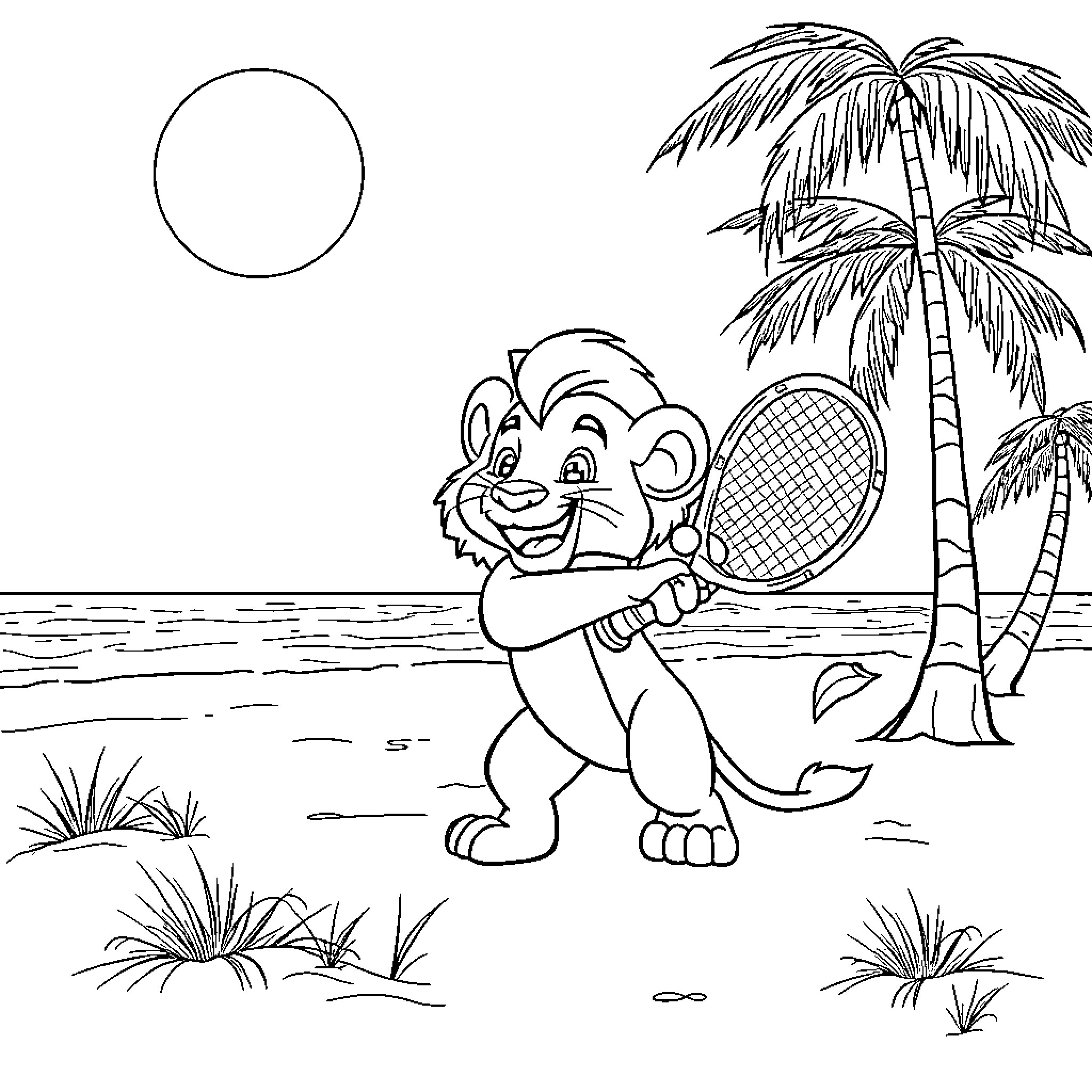 Simba playing tennis on the beach Coloring Page (free black-and-white line drawing printable PDF for all, from beginners to advanced learners, including children, teens, adults, and seniors)