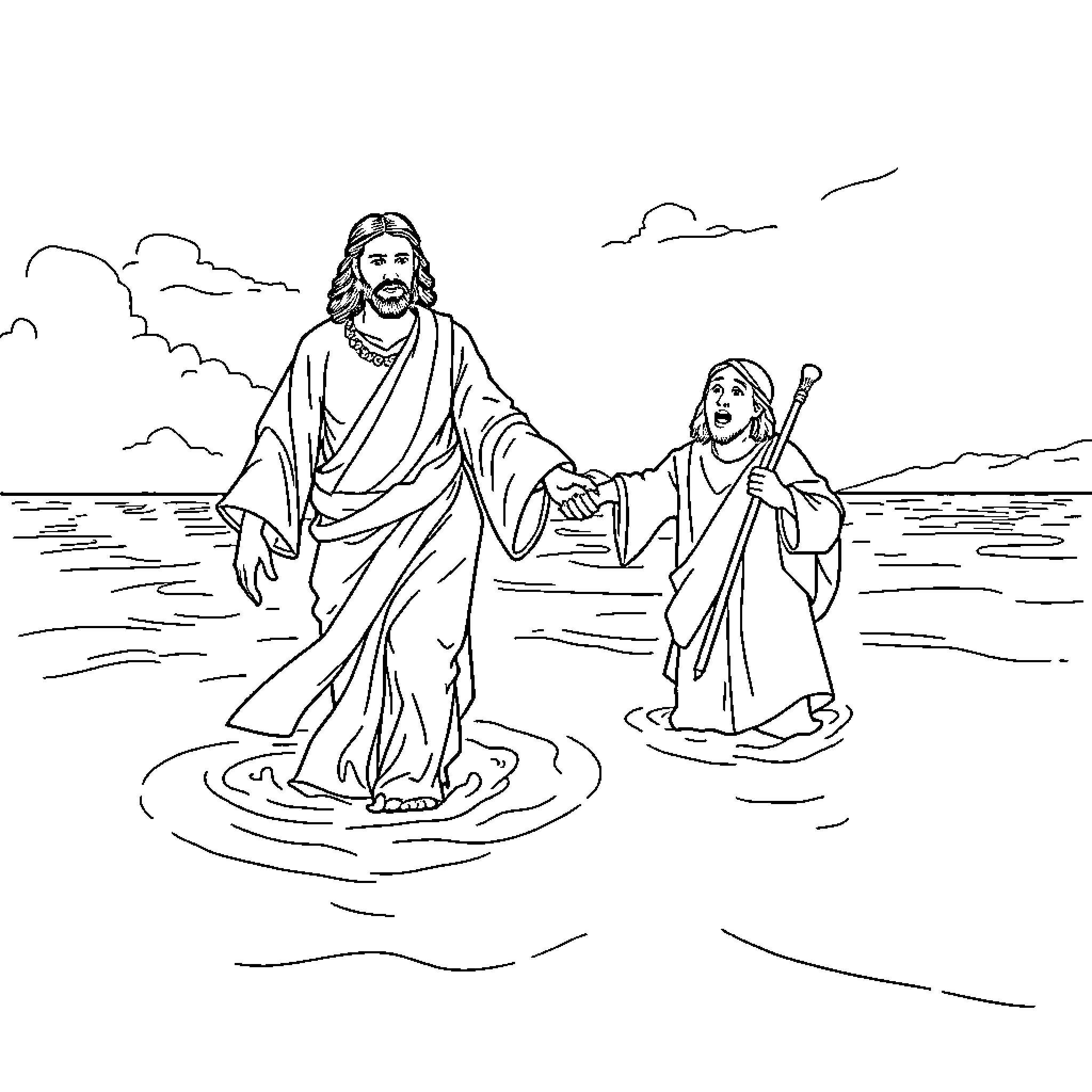 Jesus teaching and baptizing in the river Coloring Page (free black-and-white line drawing printable PDF for all, from beginners to advanced learners, including children, teens, adults, and seniors)