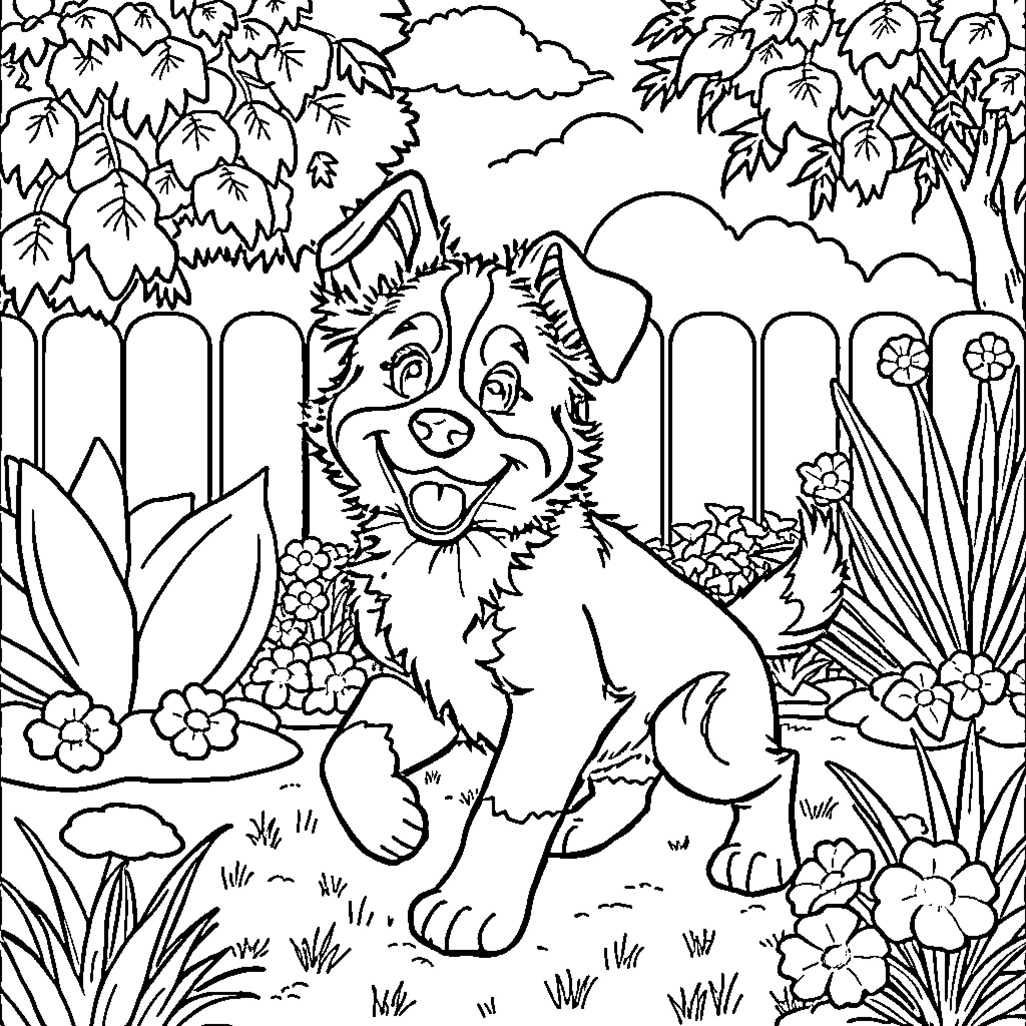 Bluey playing cheerfully in the garden Coloring Page (free black-and-white line drawing printable PDF for all, from beginners to advanced learners, including children, teens, adults, and seniors)