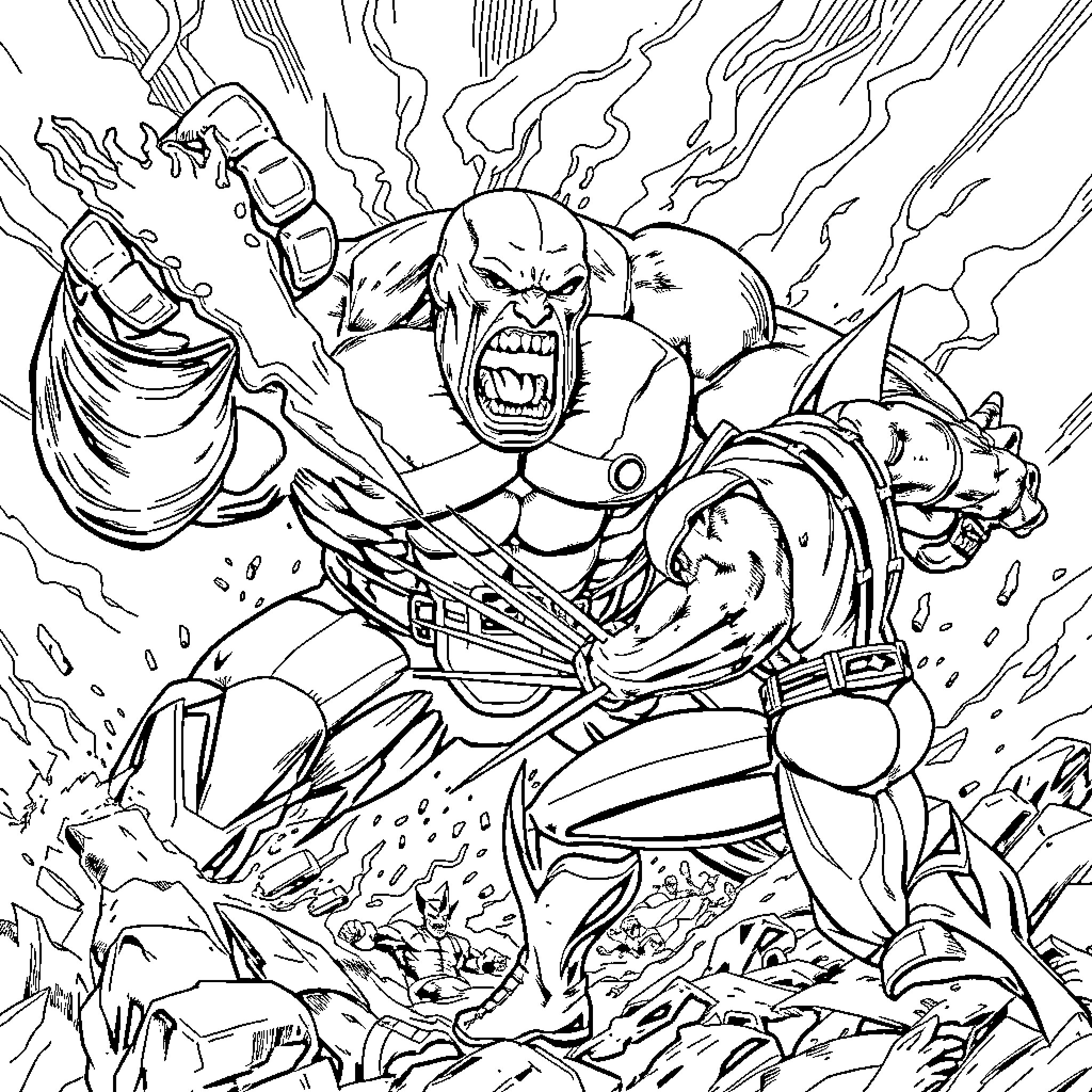 Juggernaut Unleashes Destructive Power Coloring Page (free black-and-white line drawing printable PDF for all, from beginners to advanced learners, including children, teens, adults, and seniors)