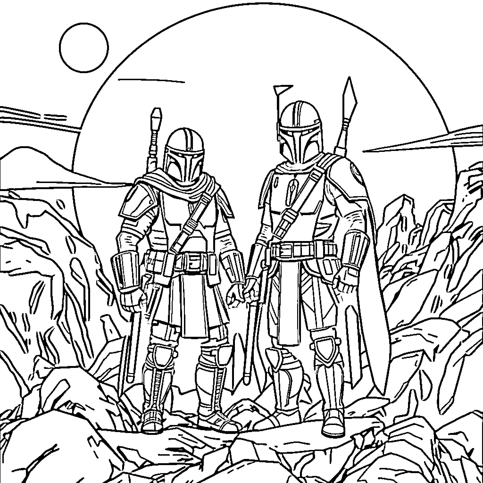 Grogu and the Mandalorian warriors in the desert Coloring Page (free black-and-white line drawing printable PDF for all, from beginners to advanced learners, including children, teens, adults, and seniors)