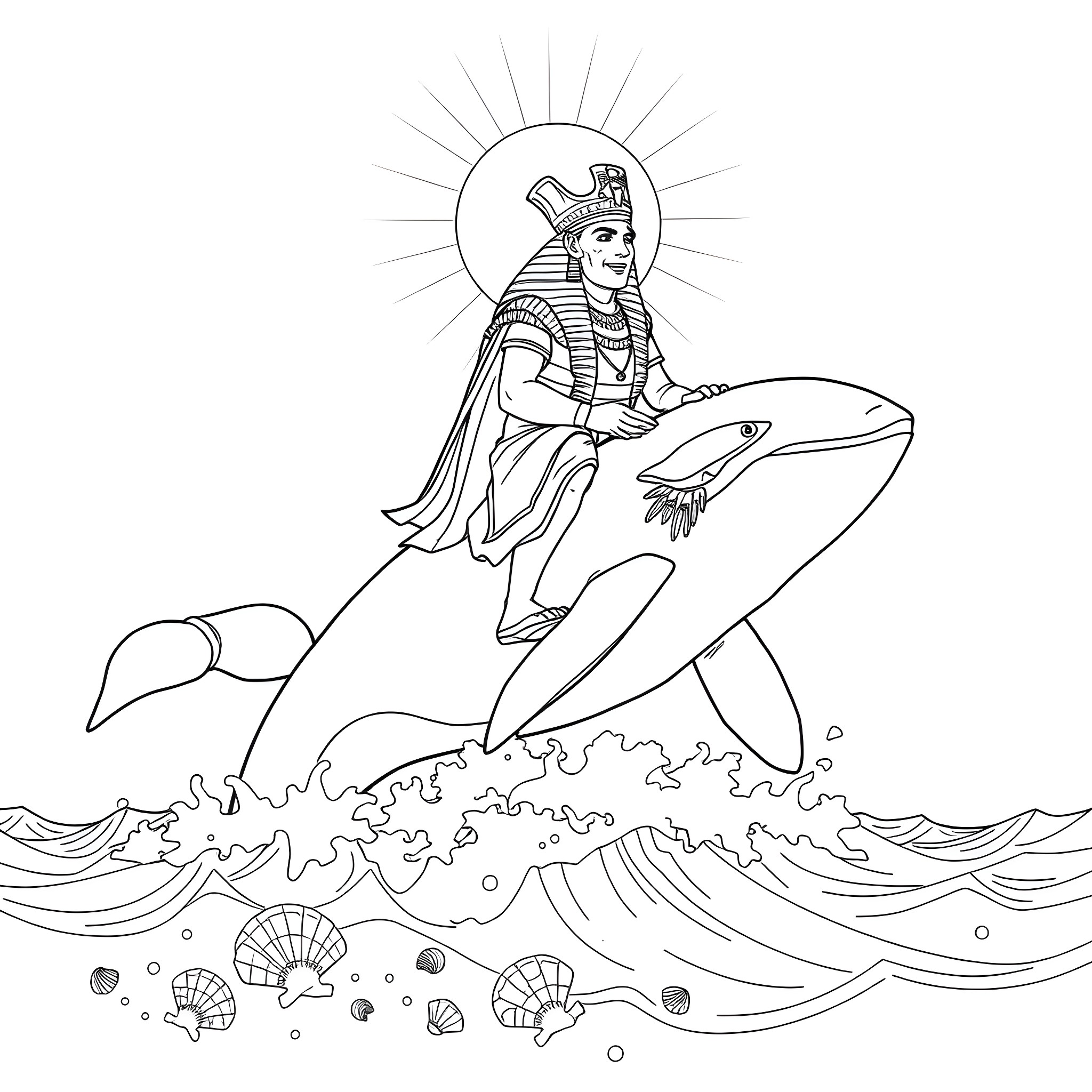 Pharaoh riding a giant shark in the ocean Coloring Page (free black-and-white line drawing printable PDF for all, from beginners to advanced learners, including children, teens, adults, and seniors)