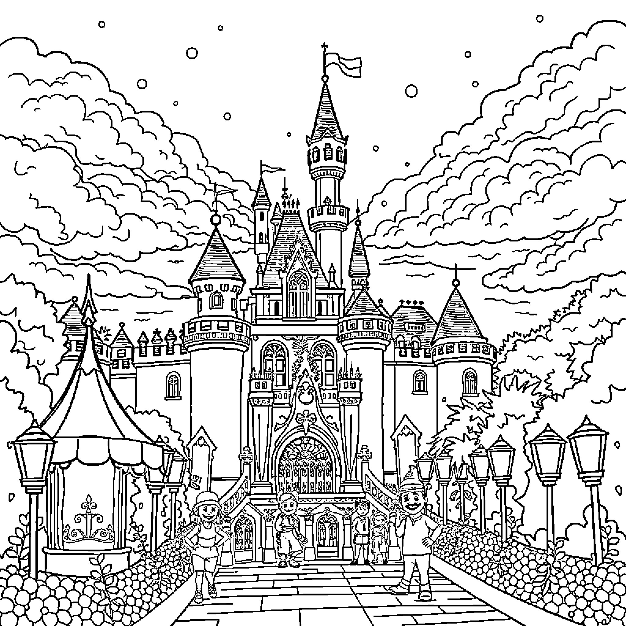 Disneyland fantasy castle with whimsical details Coloring Page (free black-and-white line drawing printable PDF for all, from beginners to advanced learners, including children, teens, adults, and seniors)