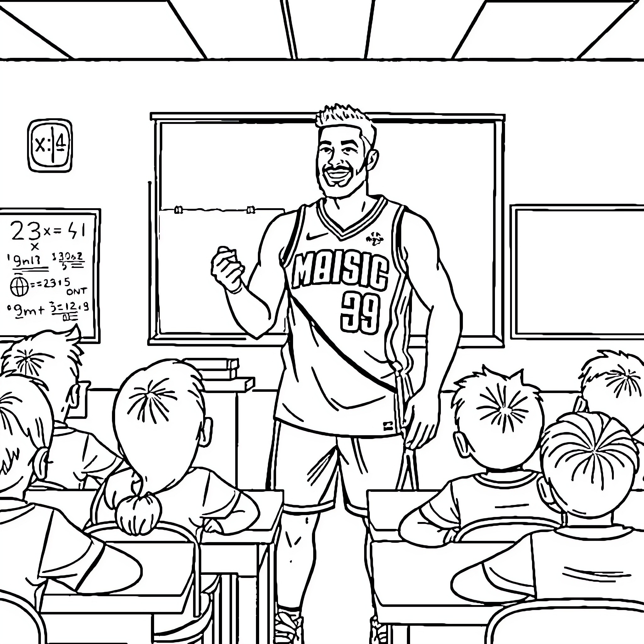 Paolo Banchero teaching basketball in the classroom Coloring Page (free black-and-white line drawing printable PDF for all, from beginners to advanced learners, including children, teens, adults, and seniors)