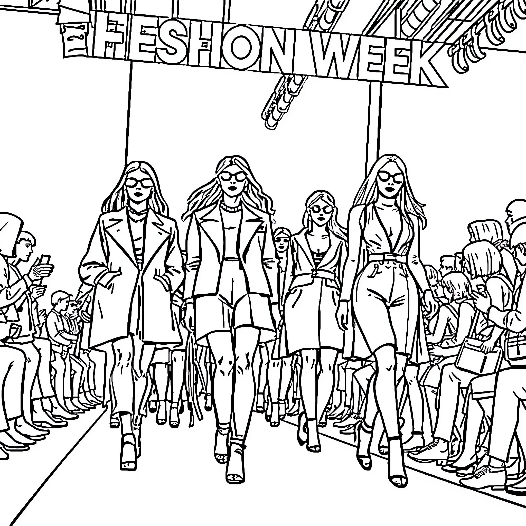 Fashion models walking confidently on the runway Coloring Page (free black-and-white line drawing printable PDF for all, from beginners to advanced learners, including children, teens, adults, and seniors)