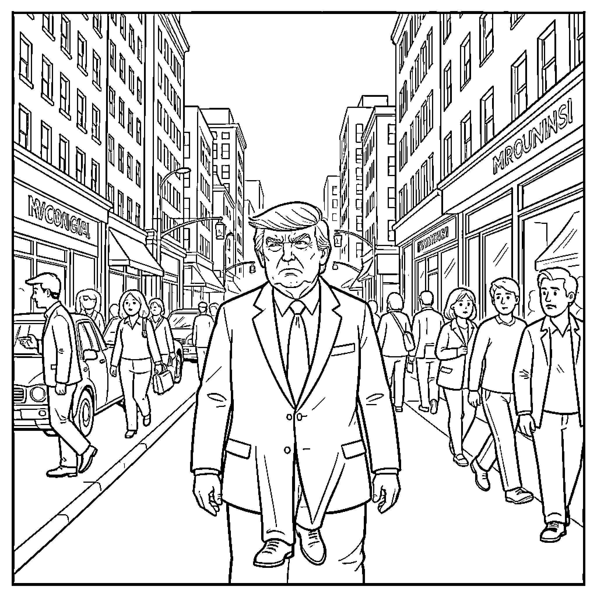 Trump walking through a busy city street Coloring Page (free black-and-white line drawing printable PDF for all, from beginners to advanced learners, including children, teens, adults, and seniors)