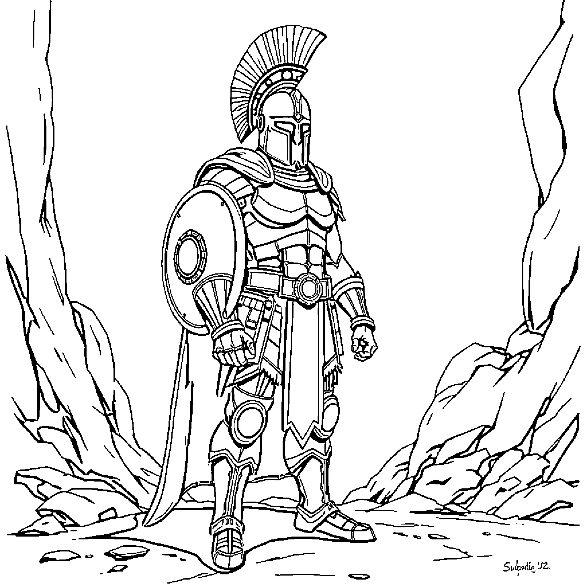 Spartan warrior standing in a rugged landscape Coloring Page (free black-and-white line drawing printable PDF for all, from beginners to advanced learners, including children, teens, adults, and seniors)