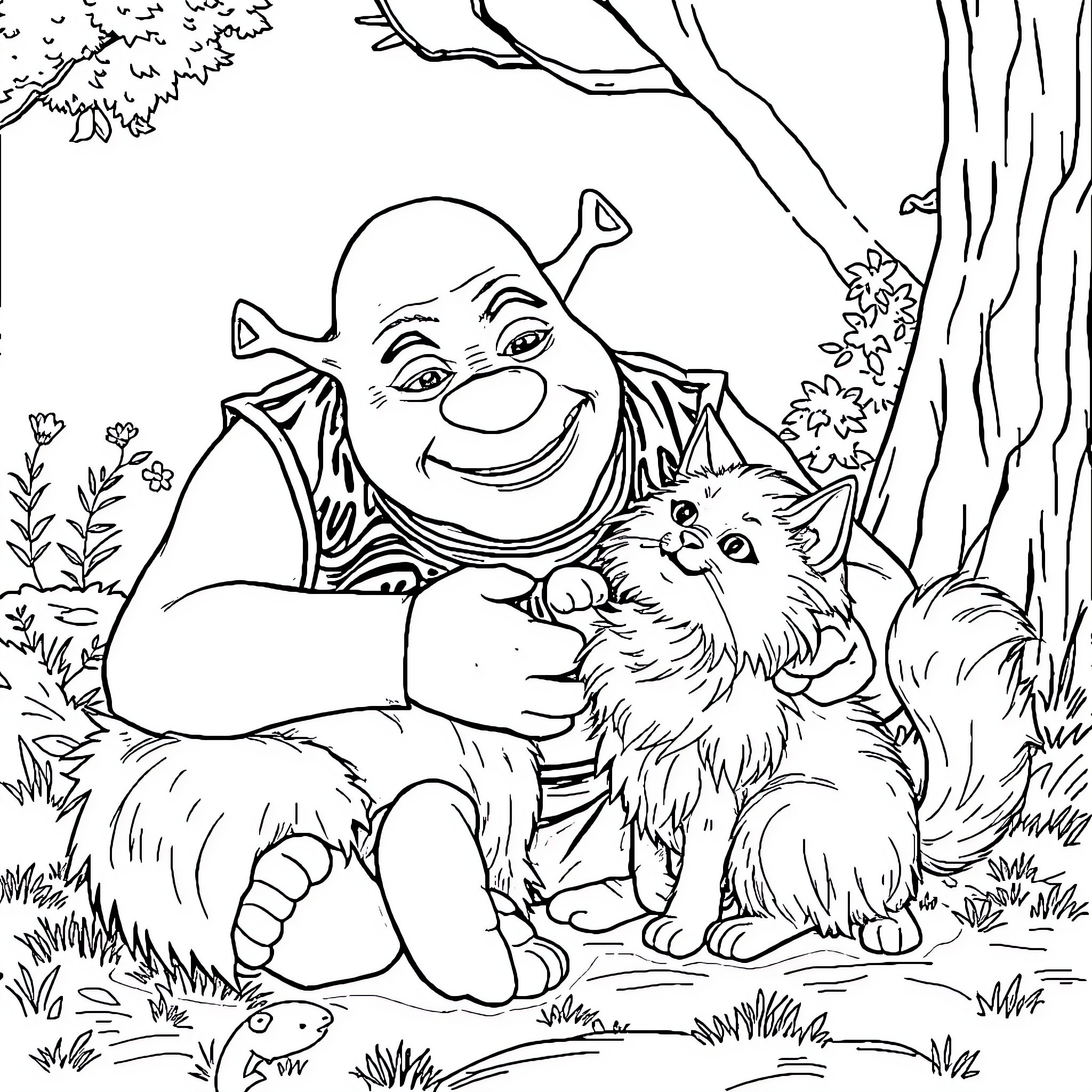 Shrek playing with adorable cat in nature Coloring Page (free black-and-white line drawing printable PDF for all, from beginners to advanced learners, including children, teens, adults, and seniors)