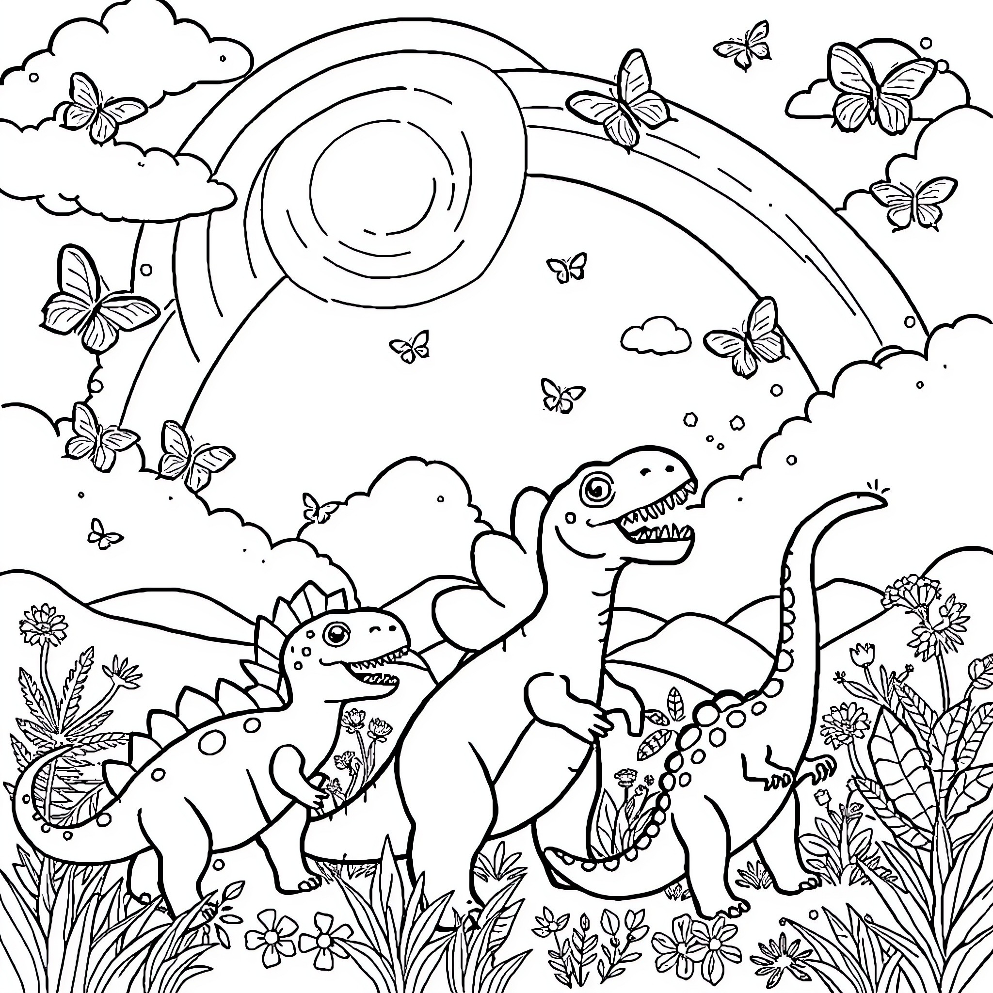 Dinosaurs playing cheerfully in a whimsical landscape Coloring Page (free black-and-white line drawing printable PDF for all, from beginners to advanced learners, including children, teens, adults, and seniors)