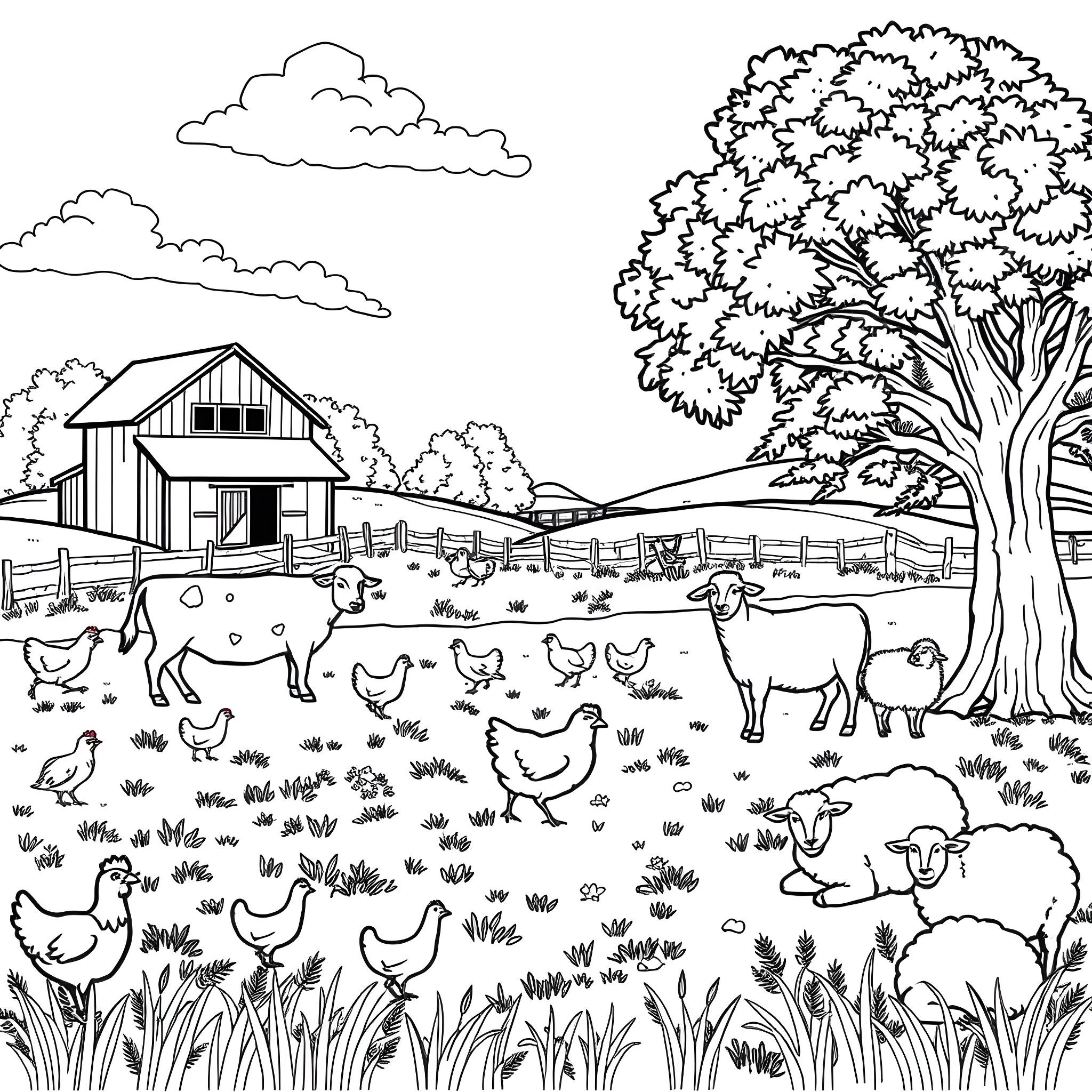 Animal Farm with Livestock and Tree Coloring Page (free black-and-white line drawing printable PDF for all, from beginners to advanced learners, including children, teens, adults, and seniors)