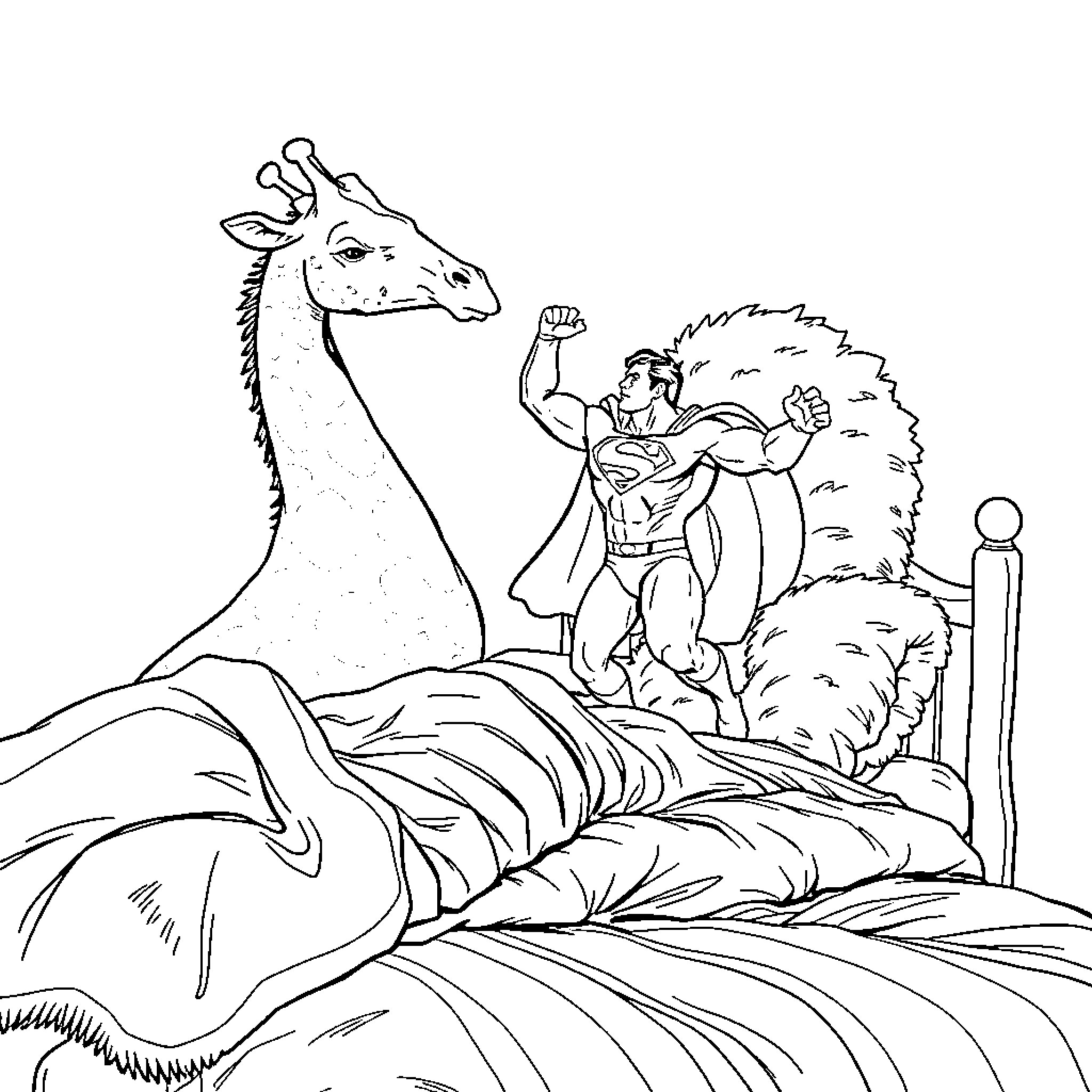 Superman Confronting a Giant Giraffe in the Wilderness Coloring Page (free black-and-white line drawing printable PDF for all, from beginners to advanced learners, including children, teens, adults, and seniors)