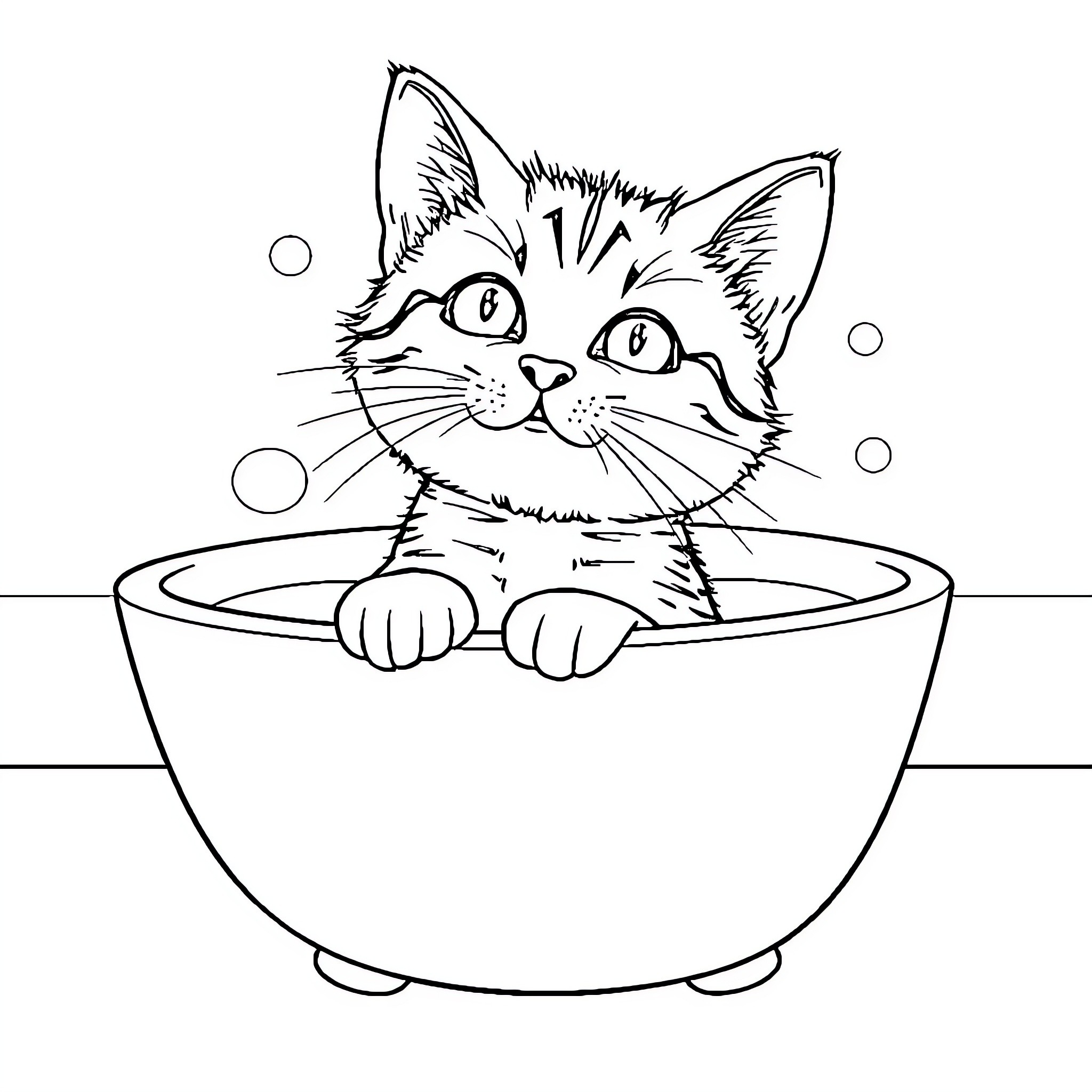 Cat relaxing in a bowl Coloring Page (free black-and-white line drawing printable PDF for all, from beginners to advanced learners, including children, teens, adults, and seniors)