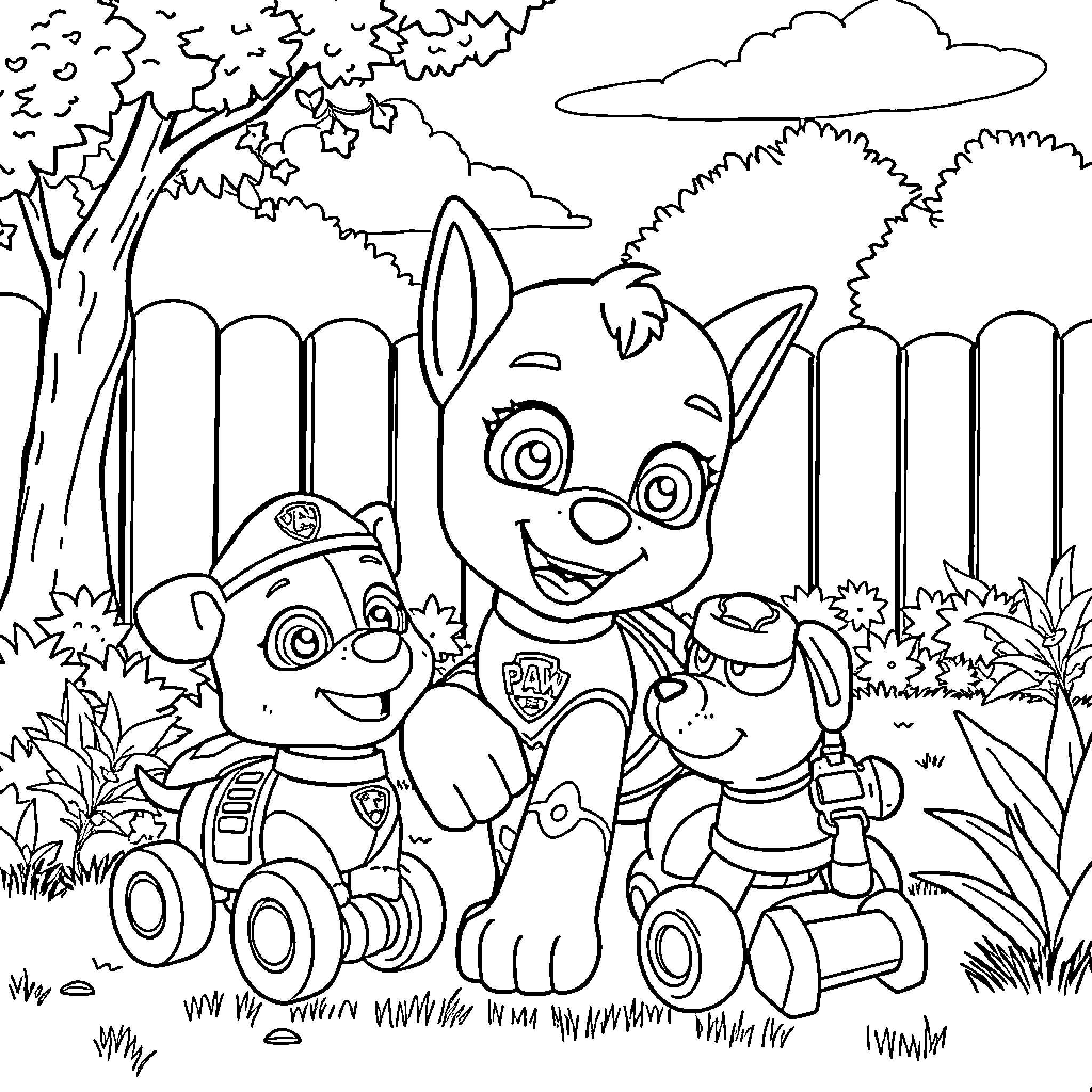 Spide pups explore the outdoors in playful adventure Coloring Page (free black-and-white line drawing printable PDF for all, from beginners to advanced learners, including children, teens, adults, and seniors)