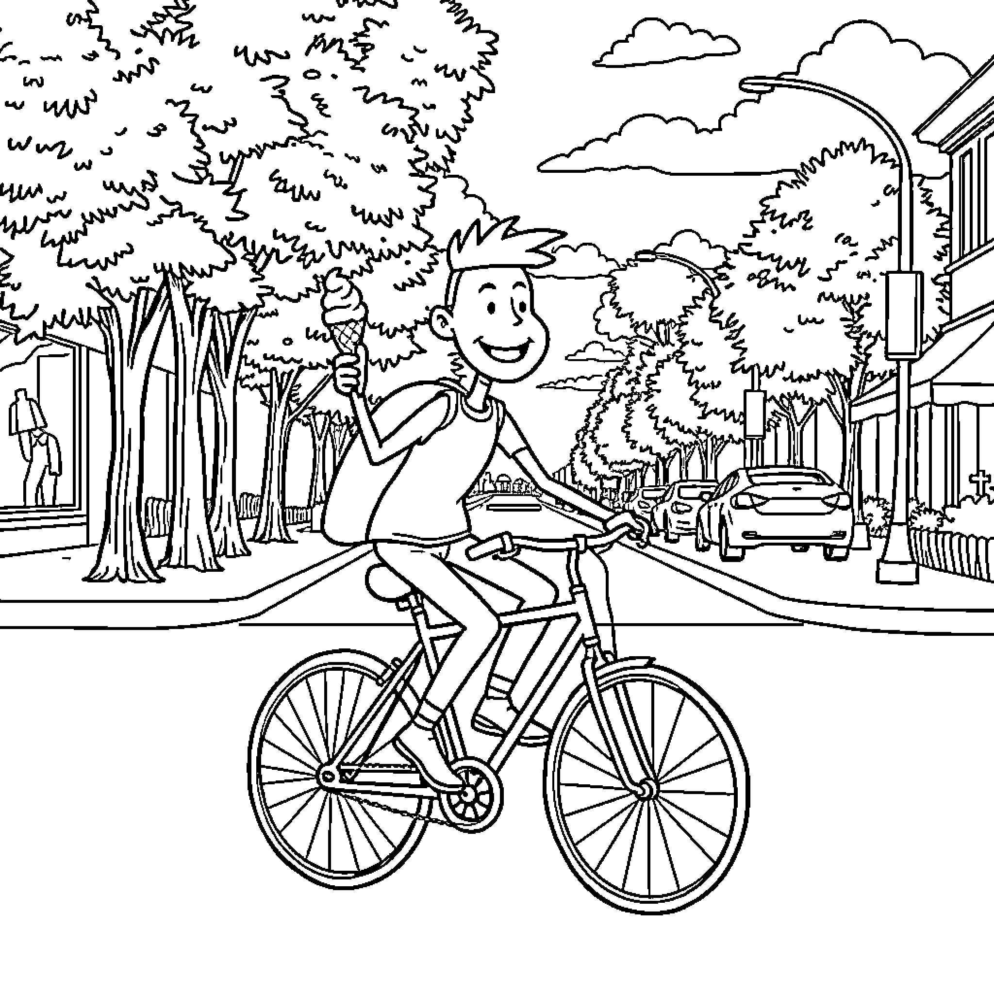 Stick Man Biking Happily on the Street Coloring Page (free black-and-white line drawing printable PDF for all, from beginners to advanced learners, including children, teens, adults, and seniors)